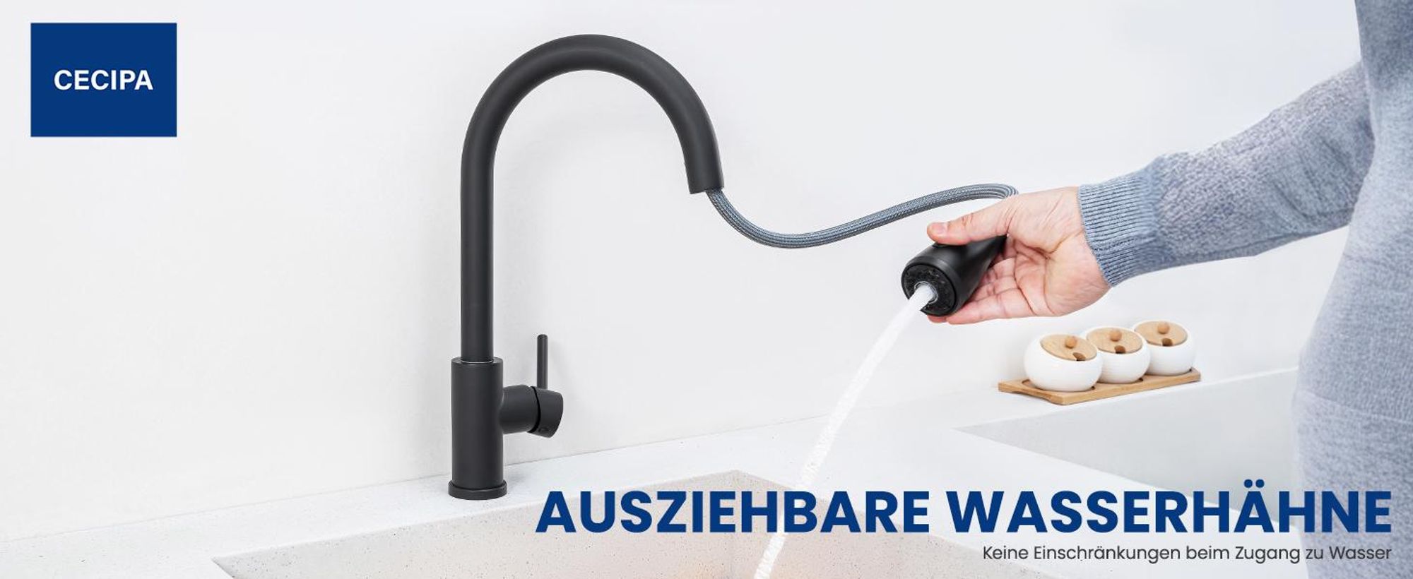 Granitspüle schwarz 70x45cm Set mit Küchenarmatur ausziehbar, Kratzfest & Geräuschdämmend, Cecipa, SMC Küchenspüle, Einbauspüle & Abflussgarnitur