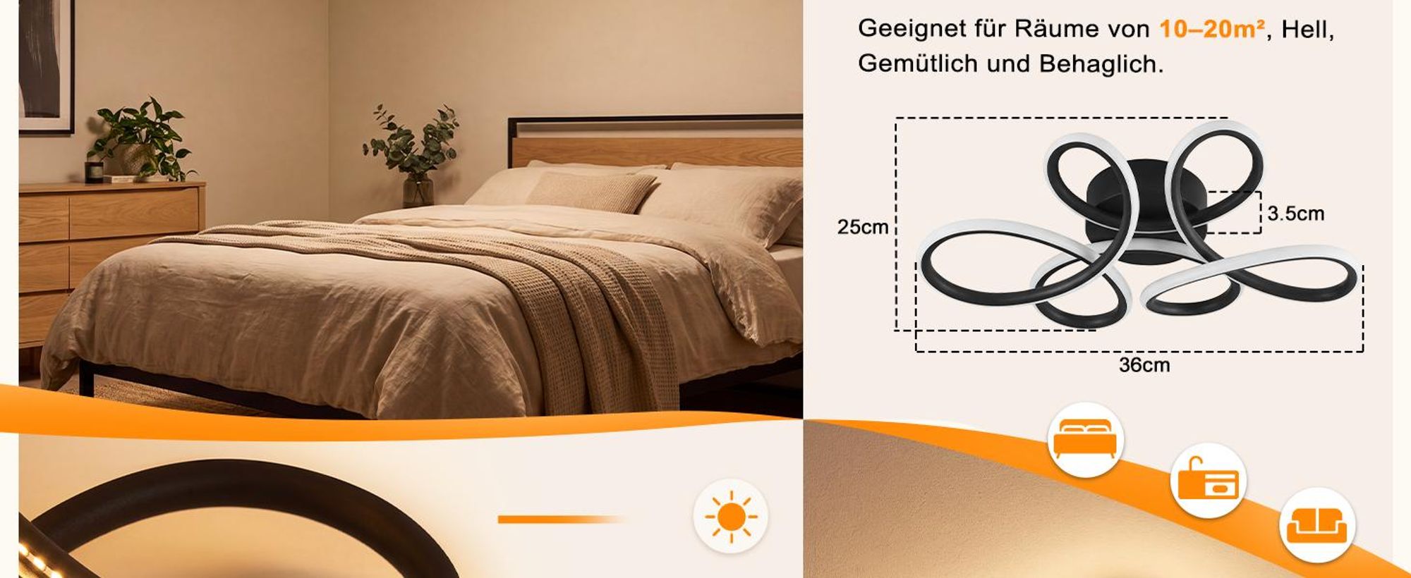 ZMH Deckenlampe Wohnzimmer LED Deckenleuchte 24W 3000K Küchenlampe Schwarz Modern Blume Design Wohnzimmerlampe für Schlafzimmer Büro Küche Flur
