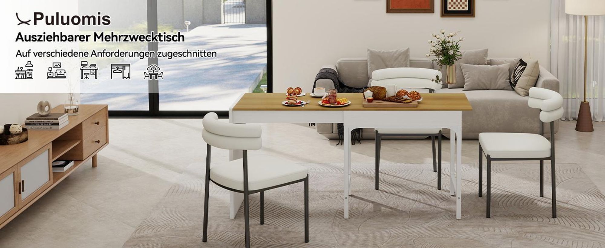 Puluomis Esstisch ausziehbar, Erweiterbarer Tisch 55x80-160cm, Klapptisch mit Verstärkter MDF-Platte, Küchen-/Wohnzimmertisch weiß natur