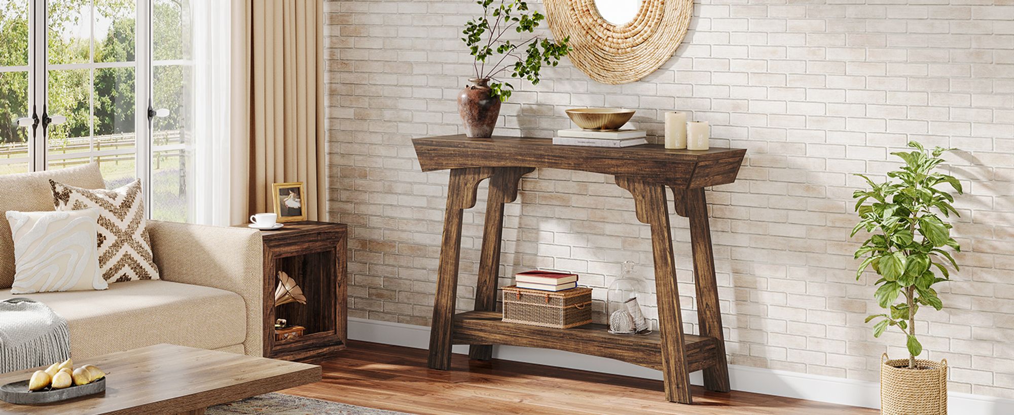 Tribesigns Konsolentisch 105cm mit Lagerung, 2-Tier Holz Eingangstisch mit Regal, Bauernhaus schmalen Sofatisch für Foyer, Flur, Wohnzimmer