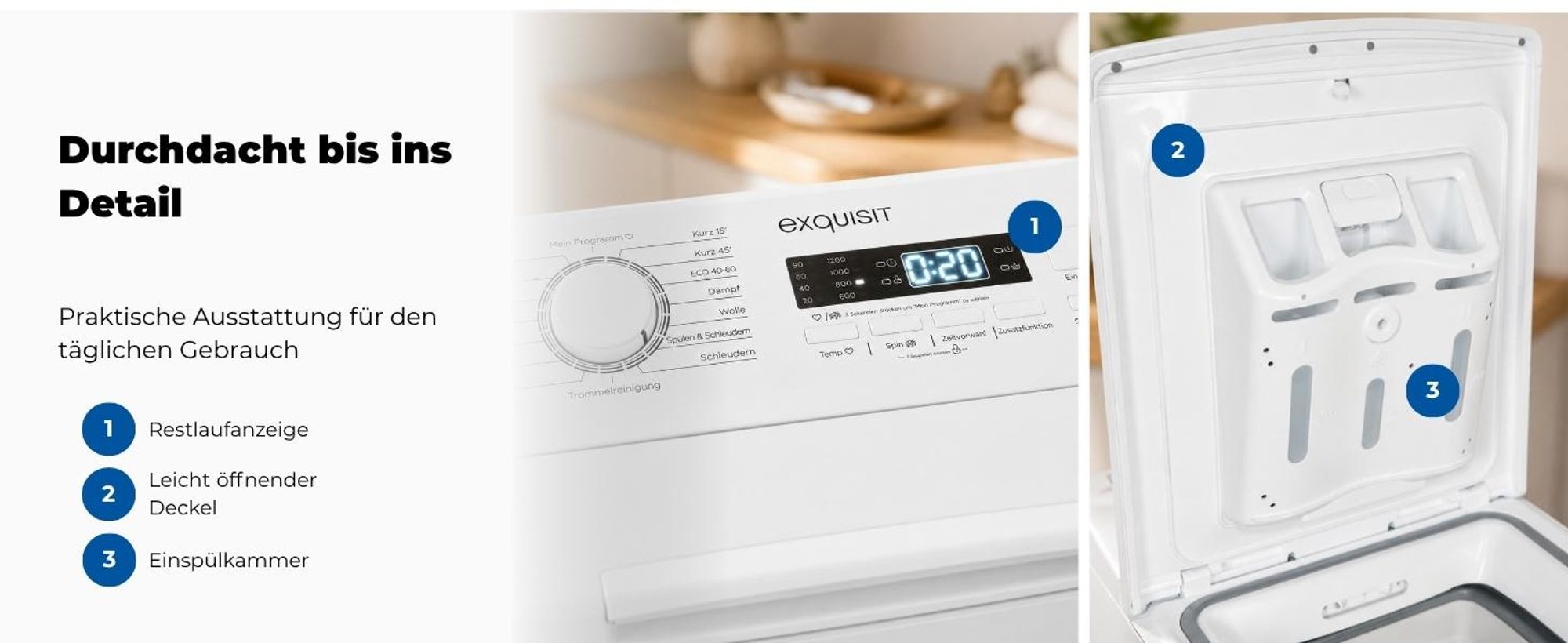 Exquisit Waschmaschine 7,5kg, Toplader, Waschmaschine schmal, Energieklasse A, 1200 U/Min, Startzeitvorwahl, Kurzprogramm, LTO51207-030A weiss