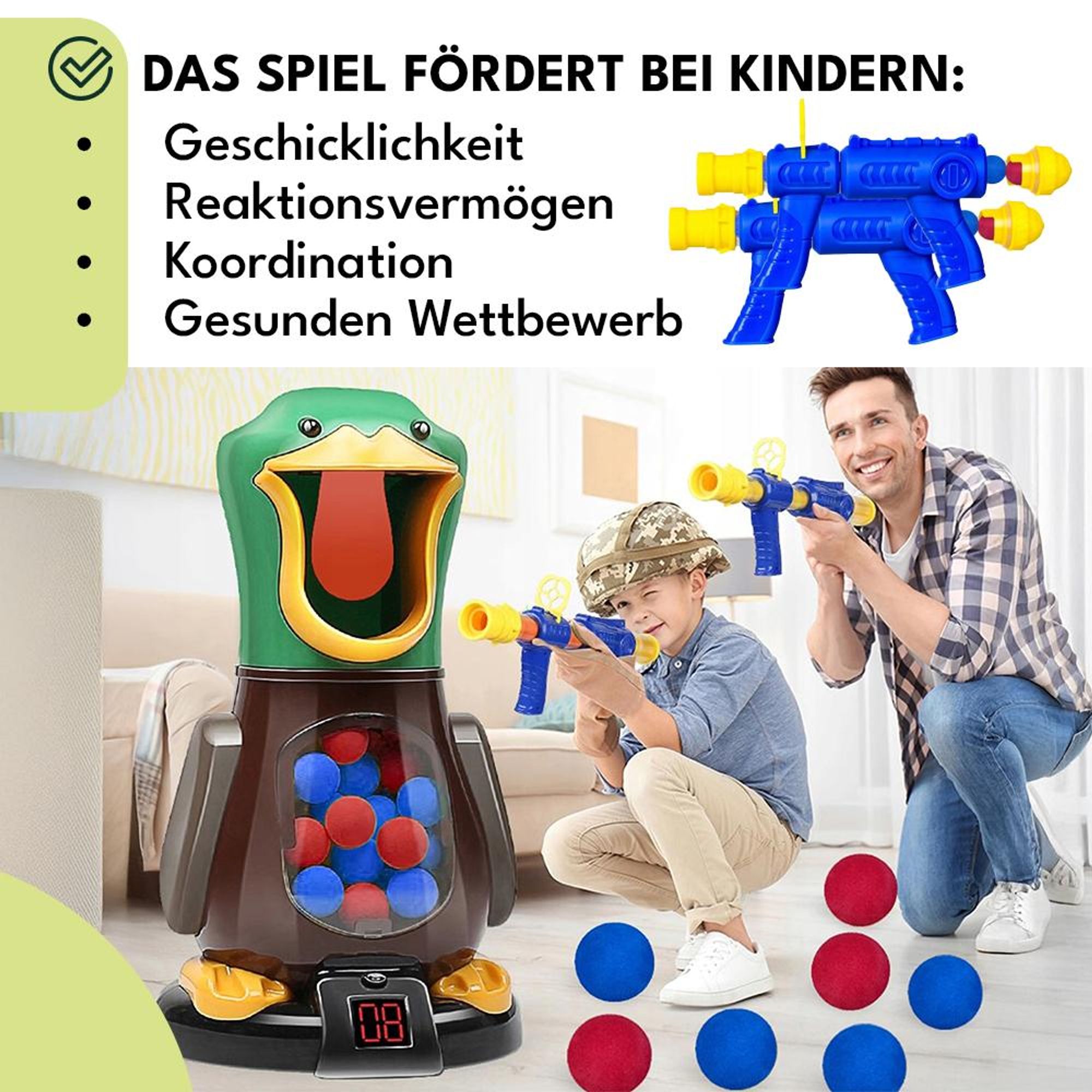 KRUMAD Hungry Duck Spielzeug ab 3 4 5 6 Jahre, Geschicklichkeitsspiel mit 2 Pistolen, 48 Schaumstoffbällen, elektronischem Trefferzähler, Licht Sound