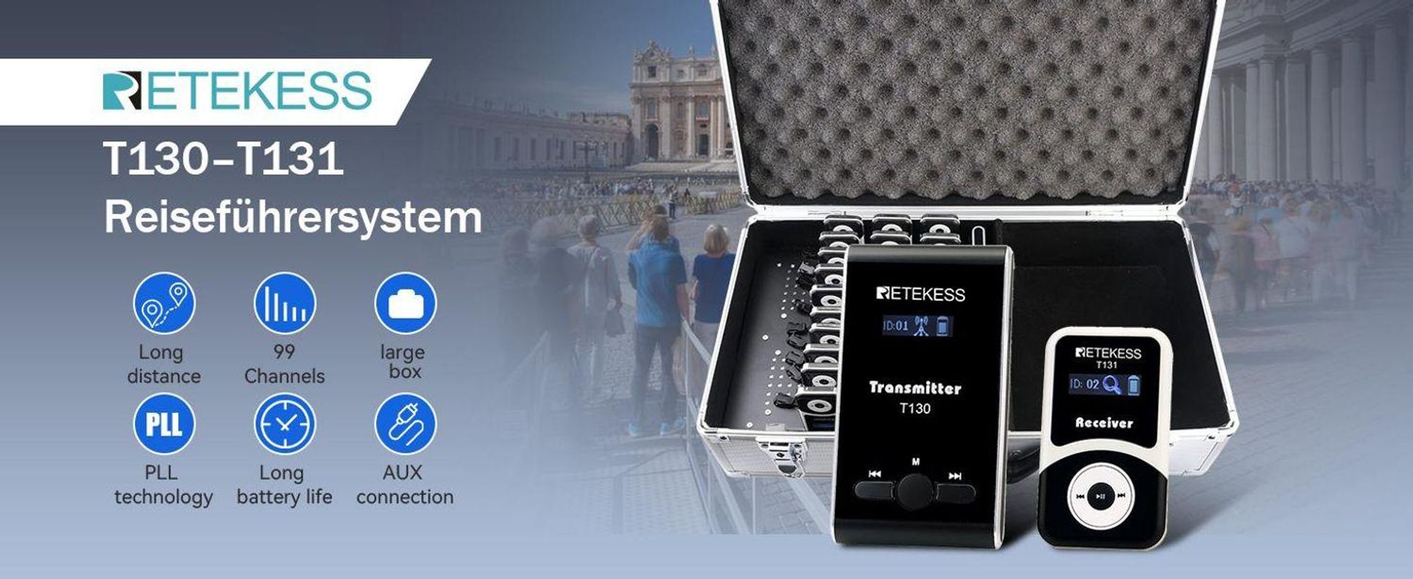 Retekess T130-T131 Tour Guide System, Reiseleitersystem, kabelloses Reiseleiter-Headset-System, Übersetzungskopfhörer, Geeignet für Tourismus