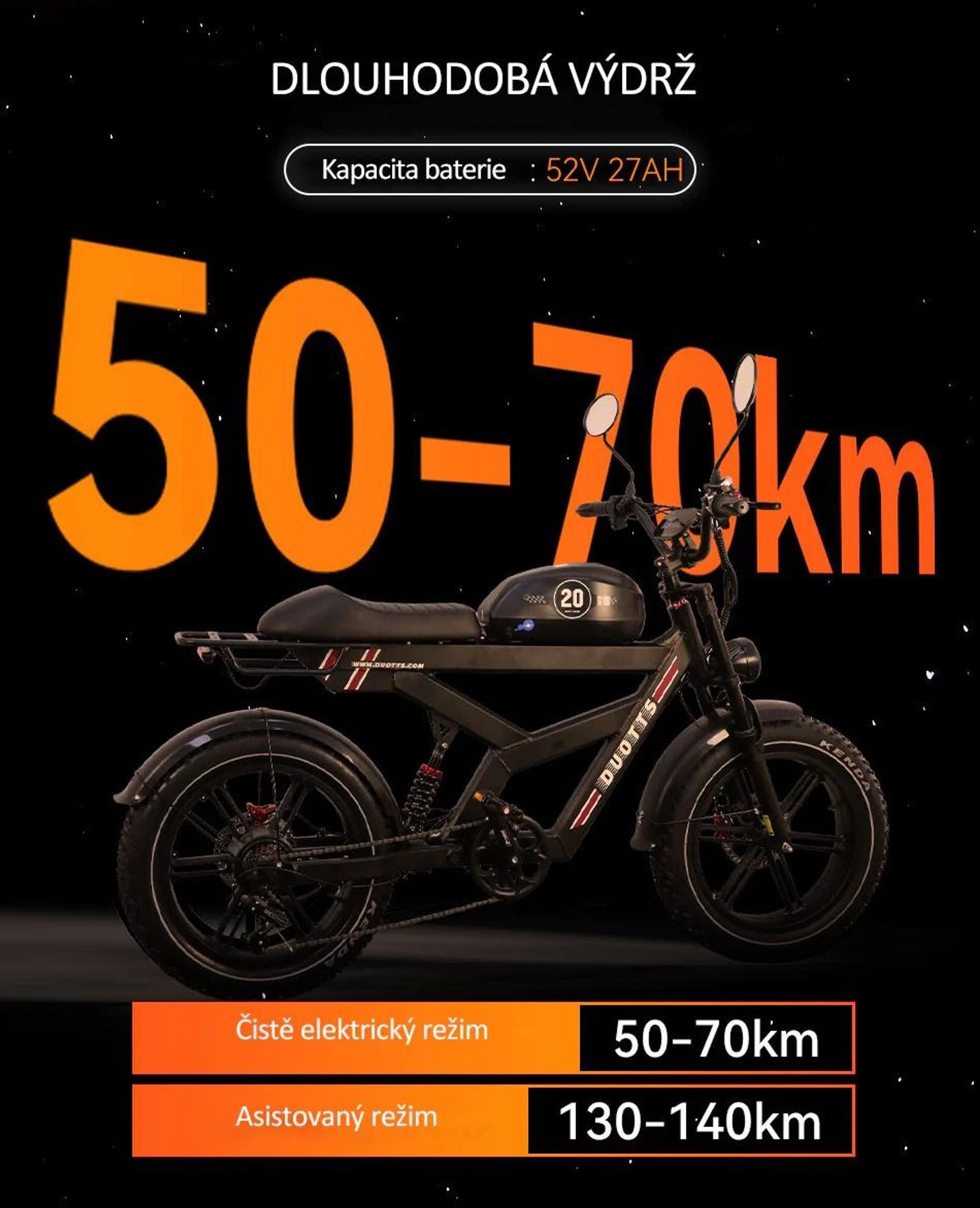 DUOTTS F20 Elektrokolo - Baterie 52V 27AH s Hydraulickými Kotoučovými Brzdami - černá