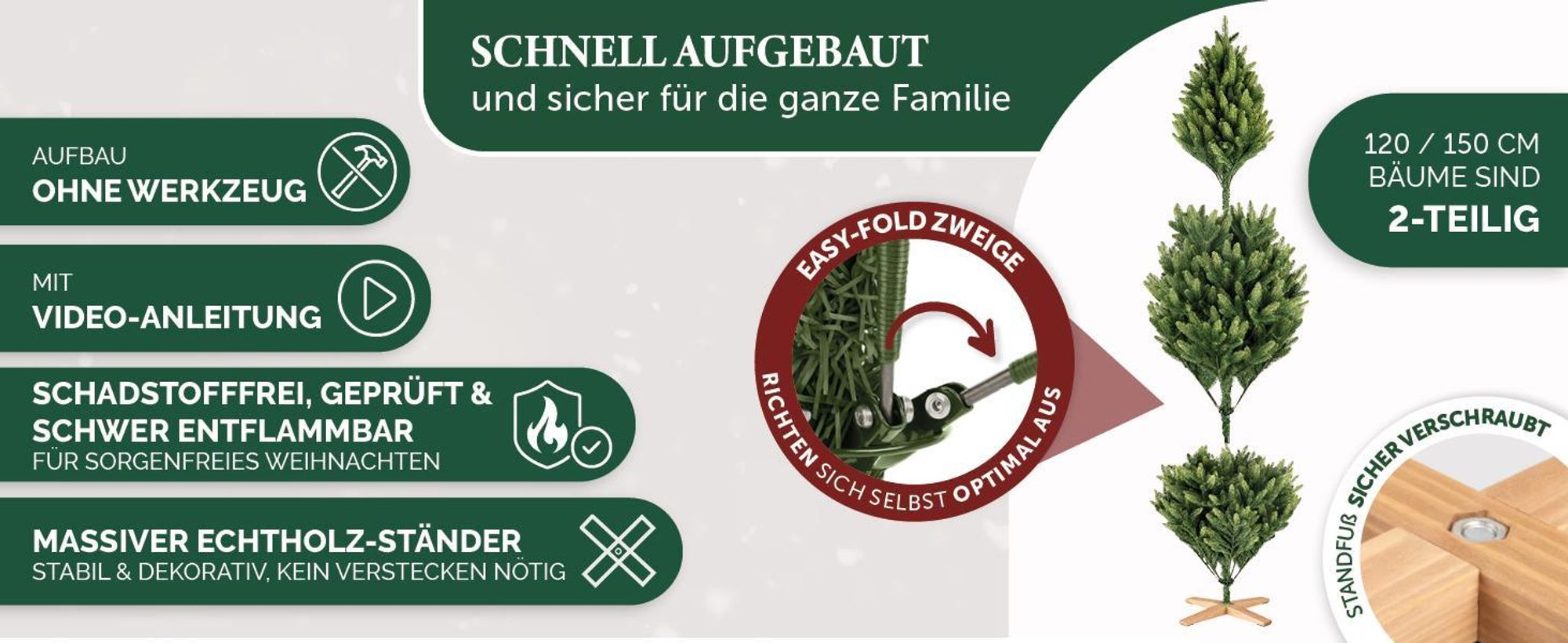 Merry Tree Luxus künstlicher Weihnachtsbaum 180cm - großer Weihnachtsbaum Spritzguss - naturgetreue PE-Nadeln inkl. edlem Holzfuß - Stamm im natürlichen Look - Tannenbaum künstlich - Nordmanntanne