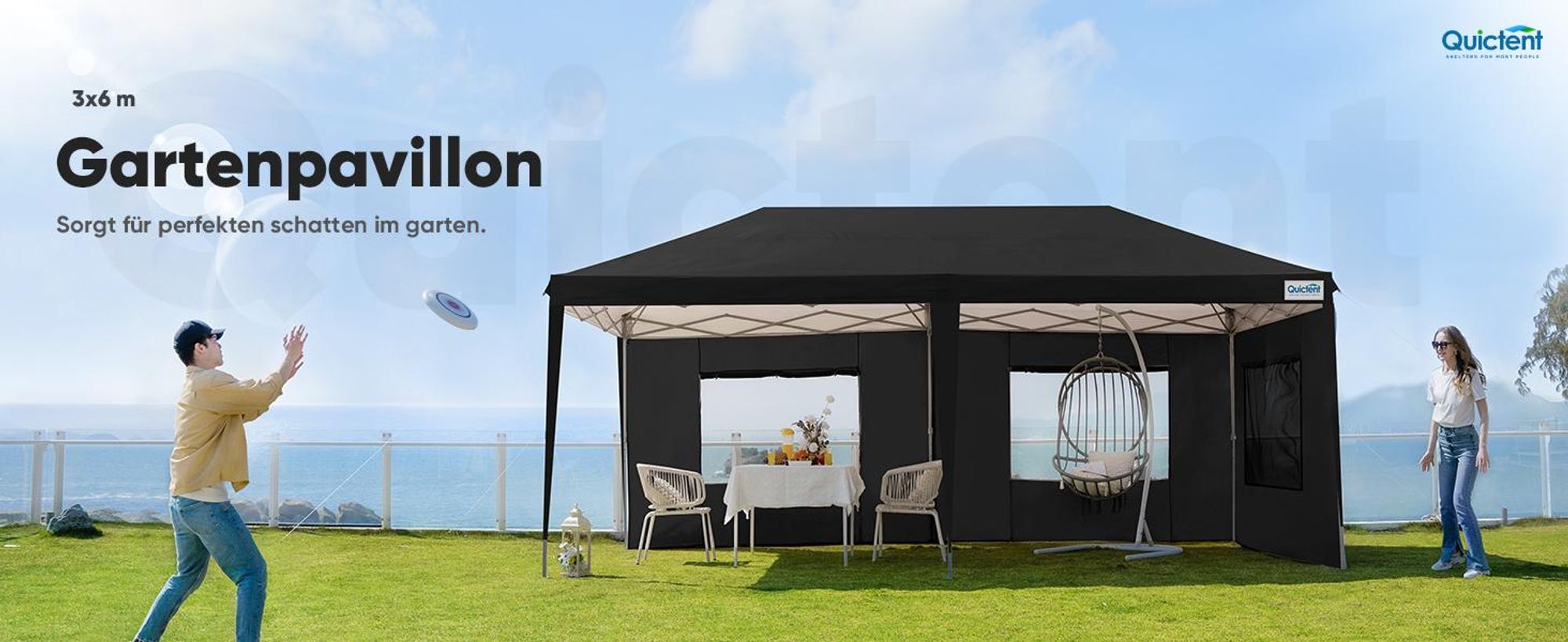 Quictent Faltpavillon 3x6m mit 6 Seitenteilen,Gartenpavillon mit Doppeln Entlüftung,Wasserdicht Stabil Pavillon mit 4 Sandsäcke & Rollentasche Schwarz