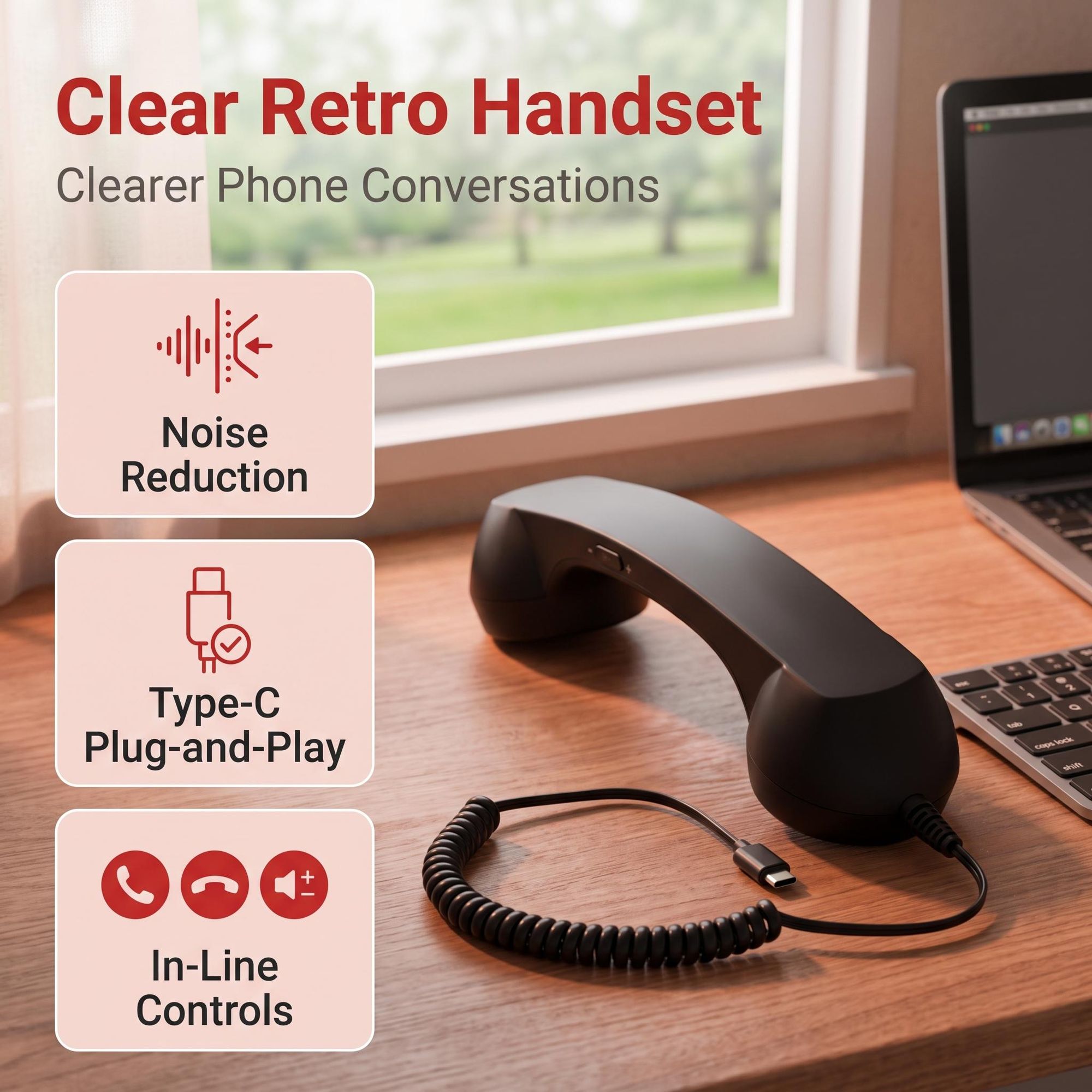 Retro-Telefonhörer Typ-C Kabelgebundenes Telefon mit Handhörer, Mikrofon und Lautsprecher, Lautstärkeregelung für Handy Tablets Laptops usw. schwarz