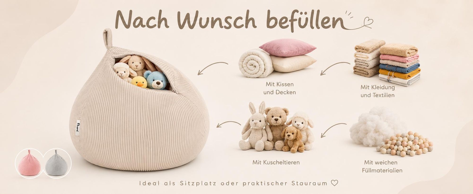 Flumi Sitzsack Bezug für Kuscheltiere, Bean Bag zum Sitzen, Lesen und Spielen, ohne Füllung