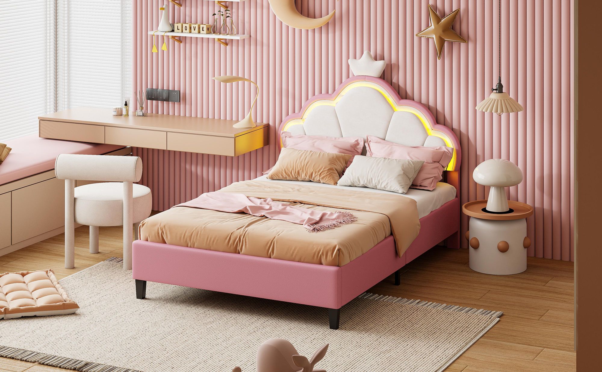 INONEFT Kinderbett 140x200 cm, Prinzessin-Polsterbett mit LED Beleuchtung, Mädchen Jugendbett mit verstellbarem Kopfteil, Kronen-Design, Samt Rosa
