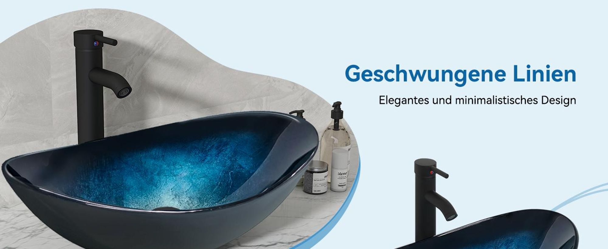 Puluomis Waschbecken Glas Aufsatzwaschbecken Waschschale Oval mit Wasserhahn Ablaufgarnitur Schwarz dunkelblau