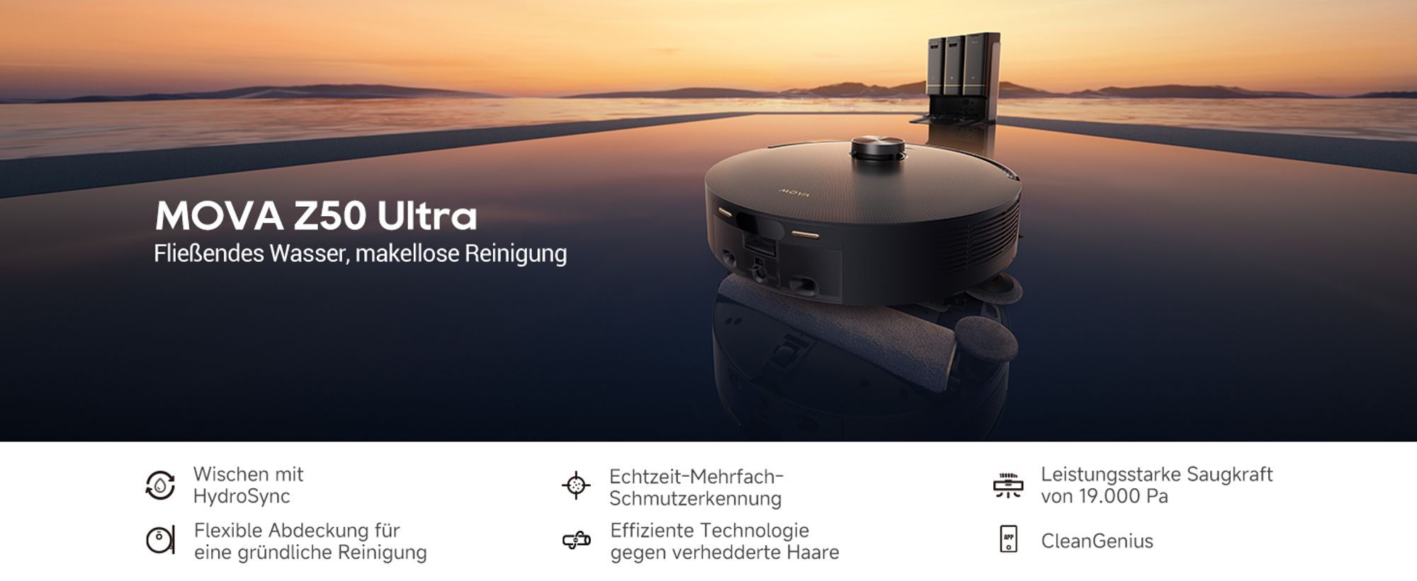 MOVA Z50 Ultra Saugroboter mit Wischfunktion, 19.000 Pa, HydroSync streifenfreies Wischen, 36 °C Selbstreinigung, Mehrfach-Schmutzerkennung, Schwarz