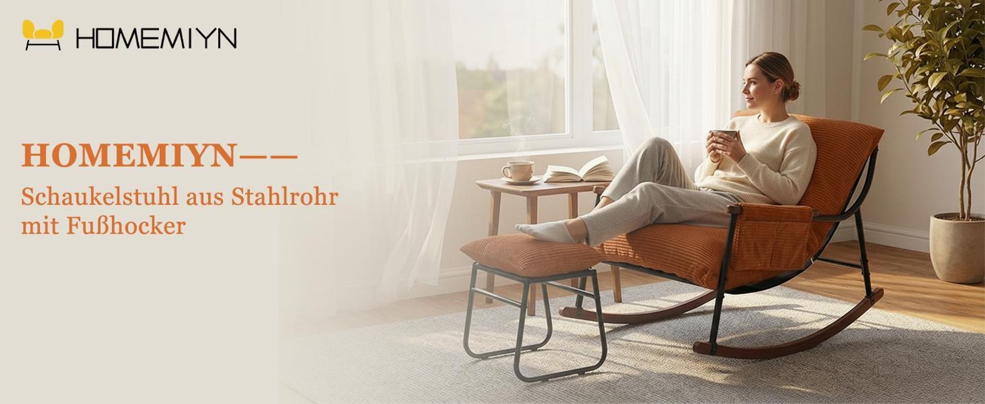 Stillstuhl-Schaukelstuhl mit Fußhocker, Seitentasche, Armlehnen und Holzgestell, Schaukelstuhl für Wohnzimmer, Schlafzimmer, Balkon, Babyzimmer, Nurse