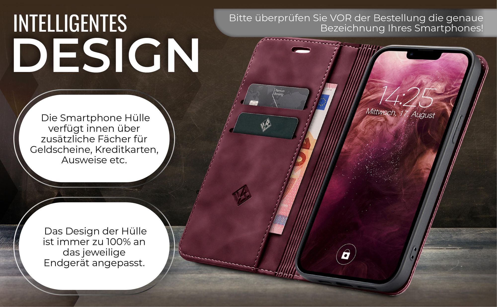 Edle Schutzhülle in Weinrot für Apple iPhone 13 mit Kartenfächern und Geldfach