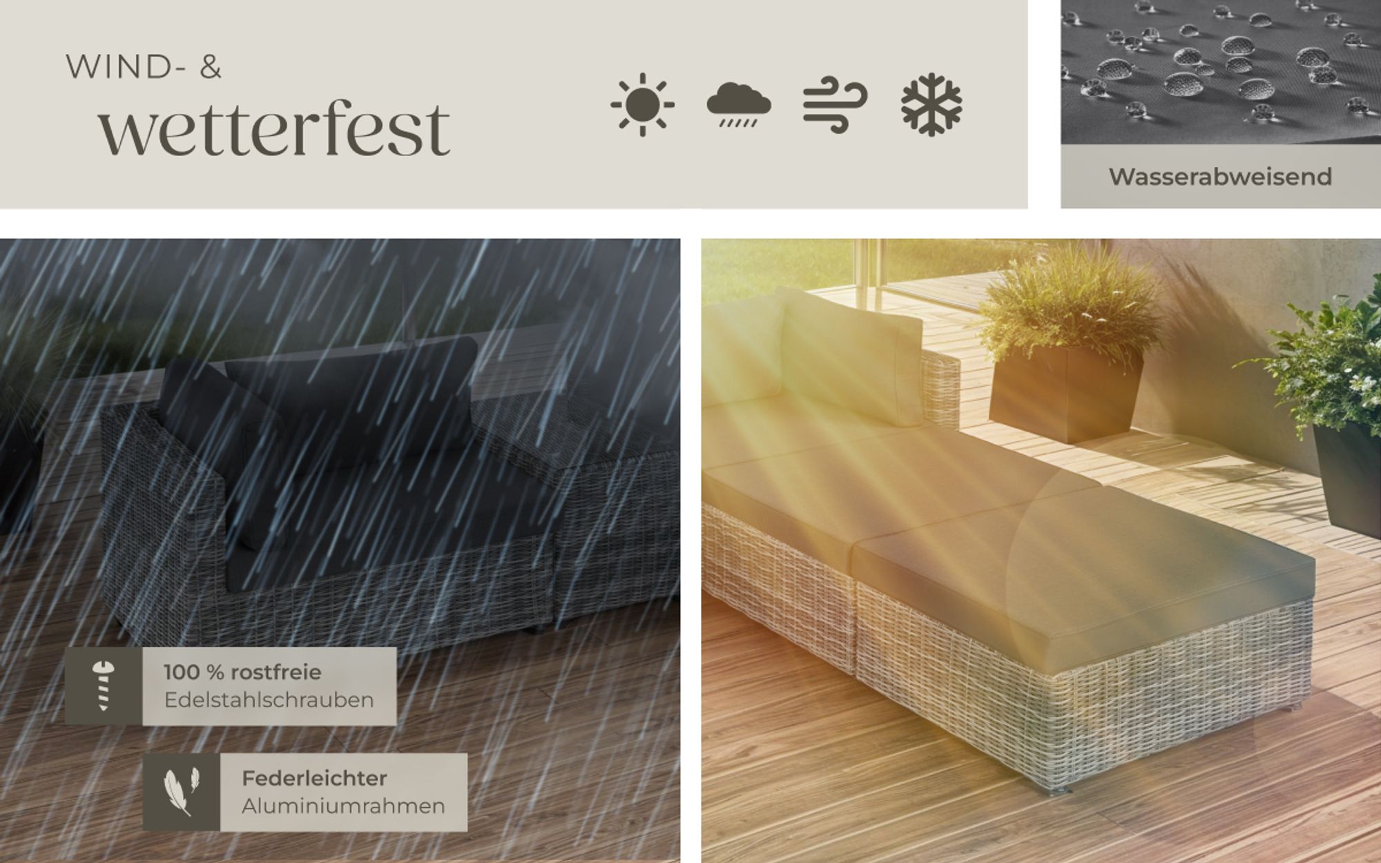 tectake® Aluminium Rattan Lounge San Domino wetterfest und UV-beständig Dicke der Sitzpolster 10 cm