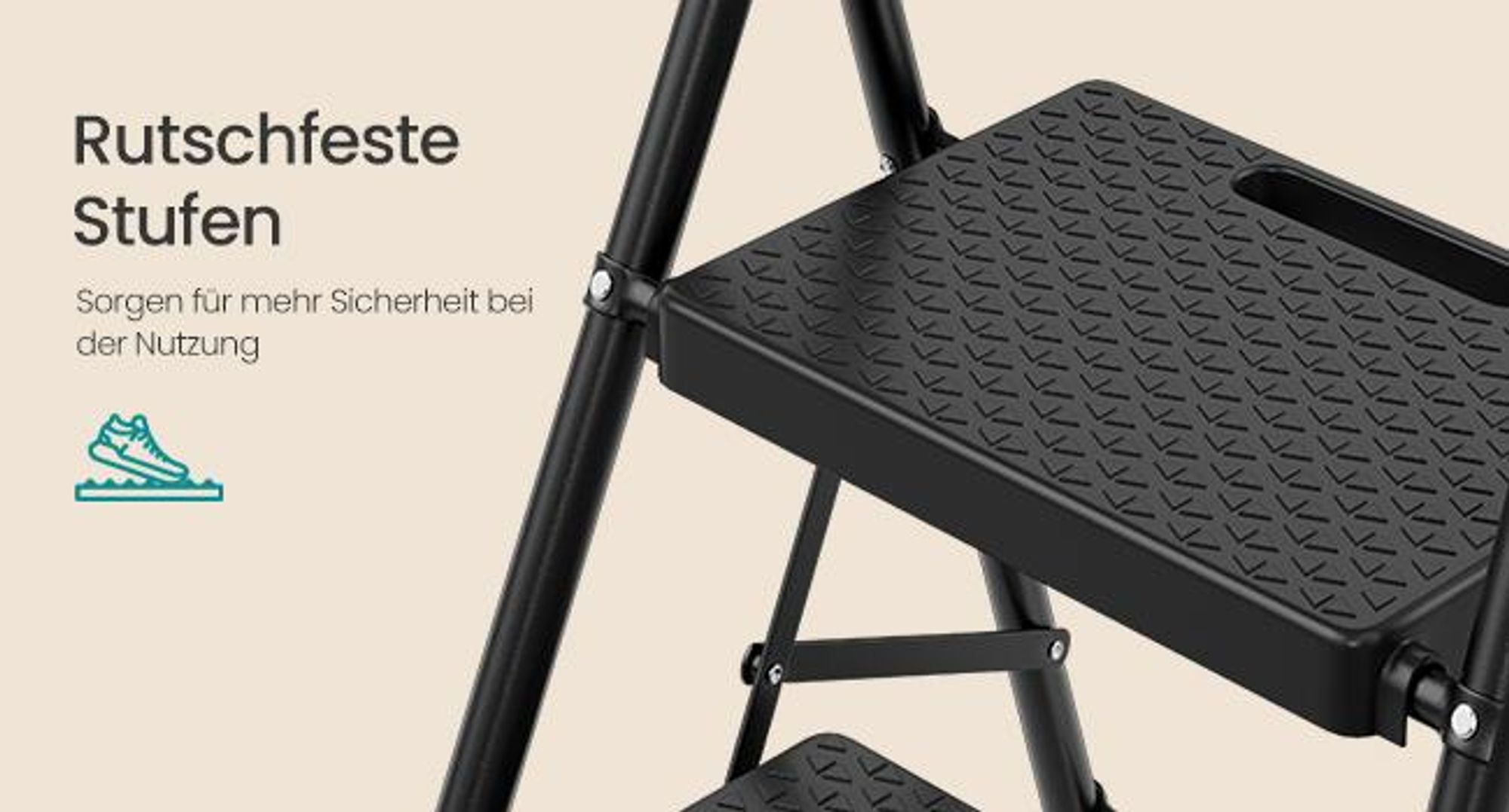 SONGMICS Trittleiter 3 Stufen Klappbar, Stahl Küchentritt bis 150 kg, Rutschfest, 114 x 45,5 x 7,5 cm, Schwarz