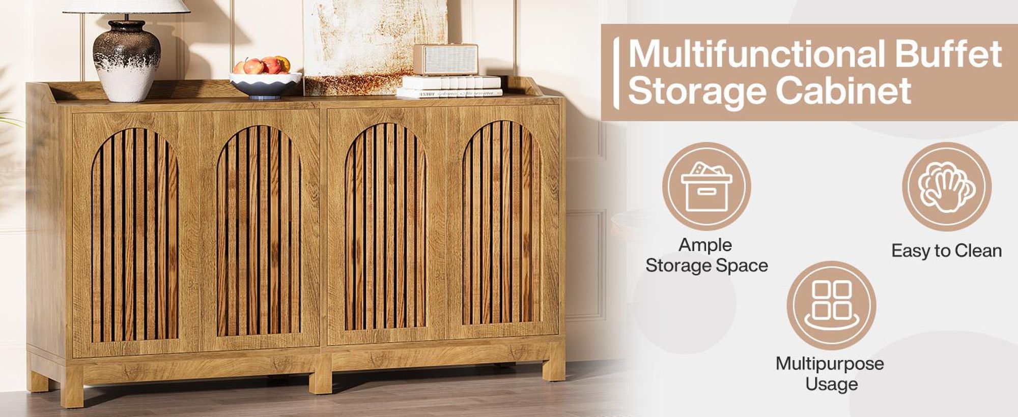 145 cm Buffet-Schrank mit Stauraum, langes Sideboard mit Türen und verstellbaren Einlegeböden, Sideboard aus Holz für Esszimmer, Wohnzimmer, Küche