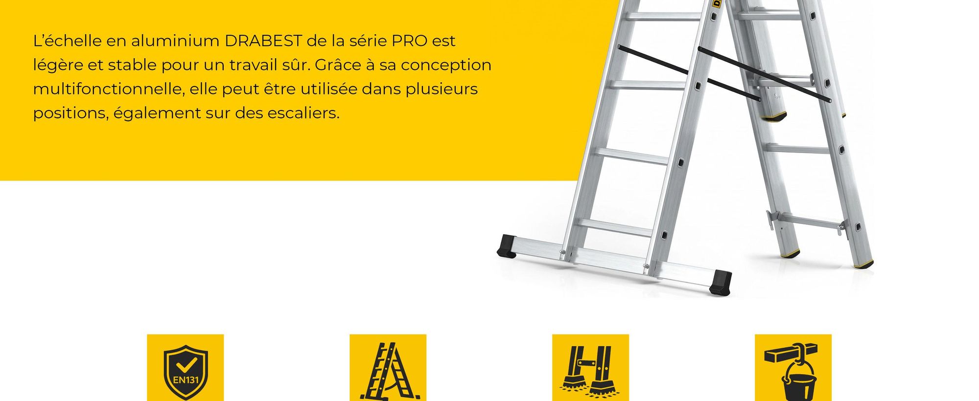 DRABEST | Echelle - Série PRO - Echelle aluminium multi-usages 3 plans - Echelle industrielle 3 x 7 marches - Hauteur de travail 5 m - jusqu'à 150 kg