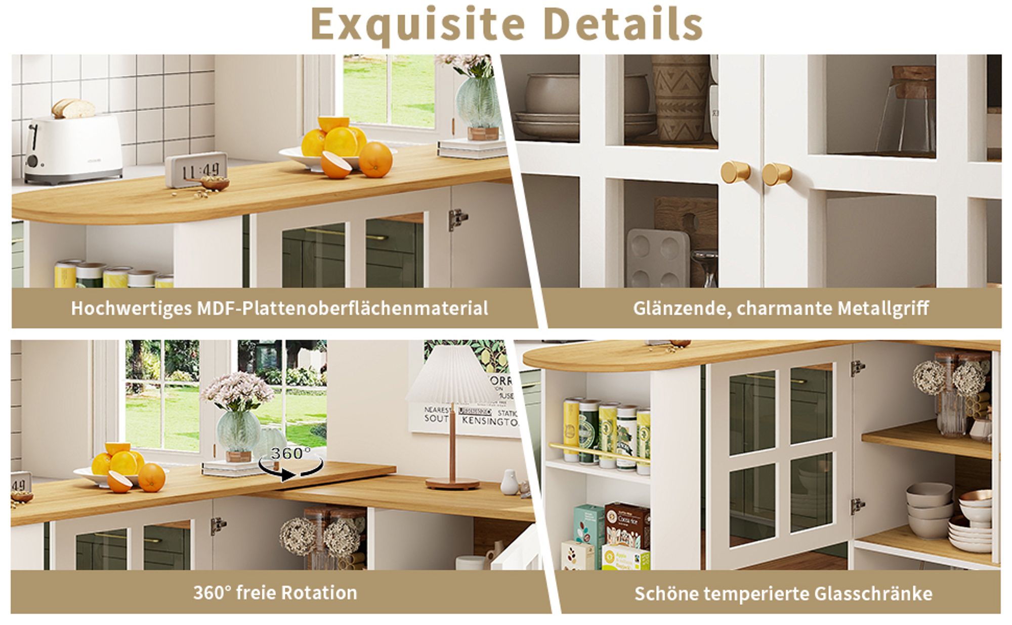 Flieks multifunktionaler Bartisch 360°drehbar, Stehtisch mit Sideboard, Küchentisch ausziehbar, Kaffeebar mit Schrank, Sideboard mit Glastür, weiß