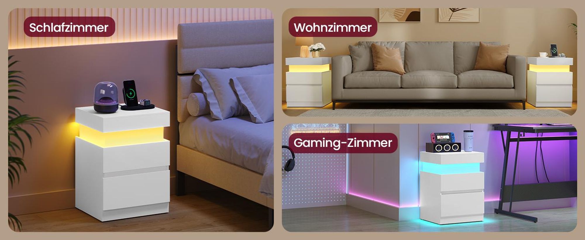 VASAGLE Beistelltisch mit Ladestation, Nachttisch mit Beleuchtung, Steckdosen, Geheimfach, Schubladen, modern, weiß