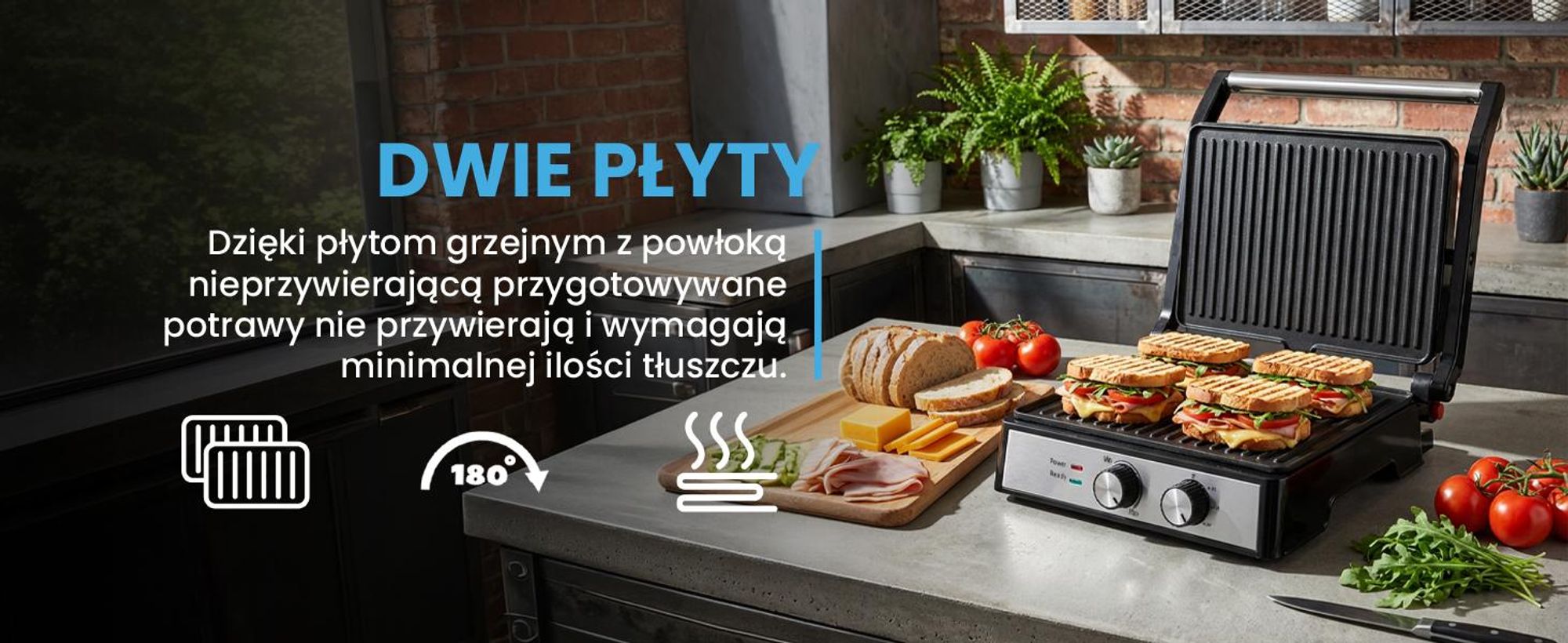Elektryczny grill kontaktowy z dużą powierzchnią opiekania