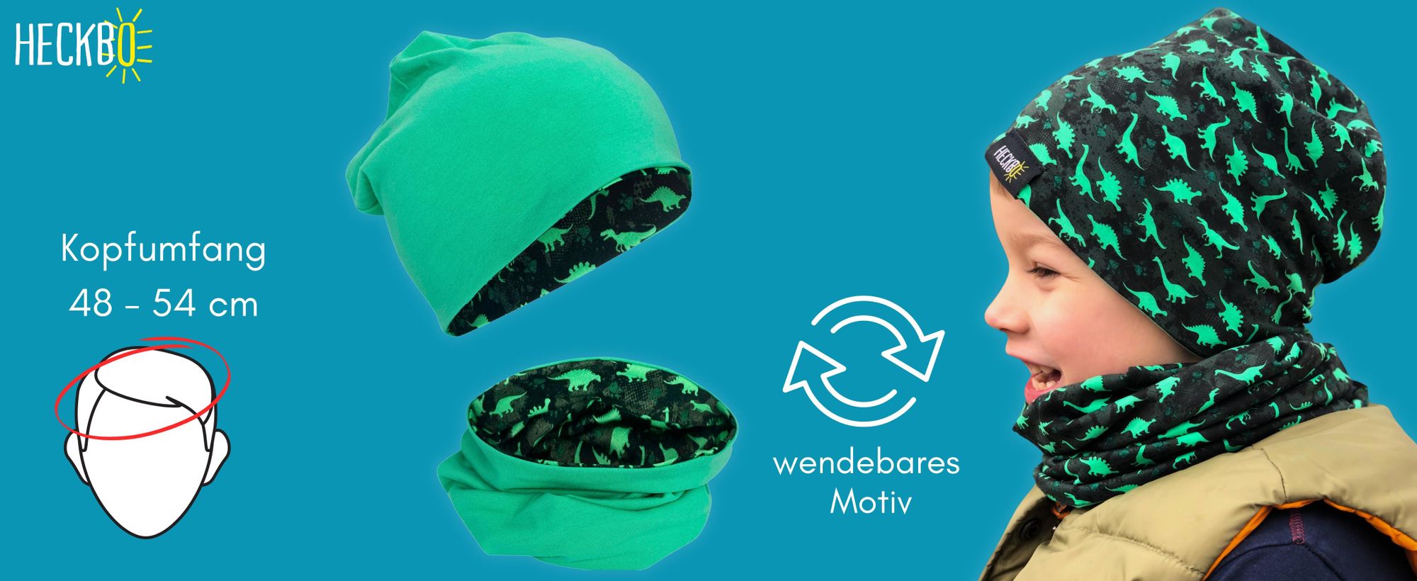 HECKBO Kinder Jungen Beanie Mütze & Loop-Schal Set - Dinosaurier Dino - Wendemütze oder Wintermütze mit Fleece Vlies - 2-6 Jahren - 95% Baumwolle - weiches & pflegeleichtes Stretch-Material