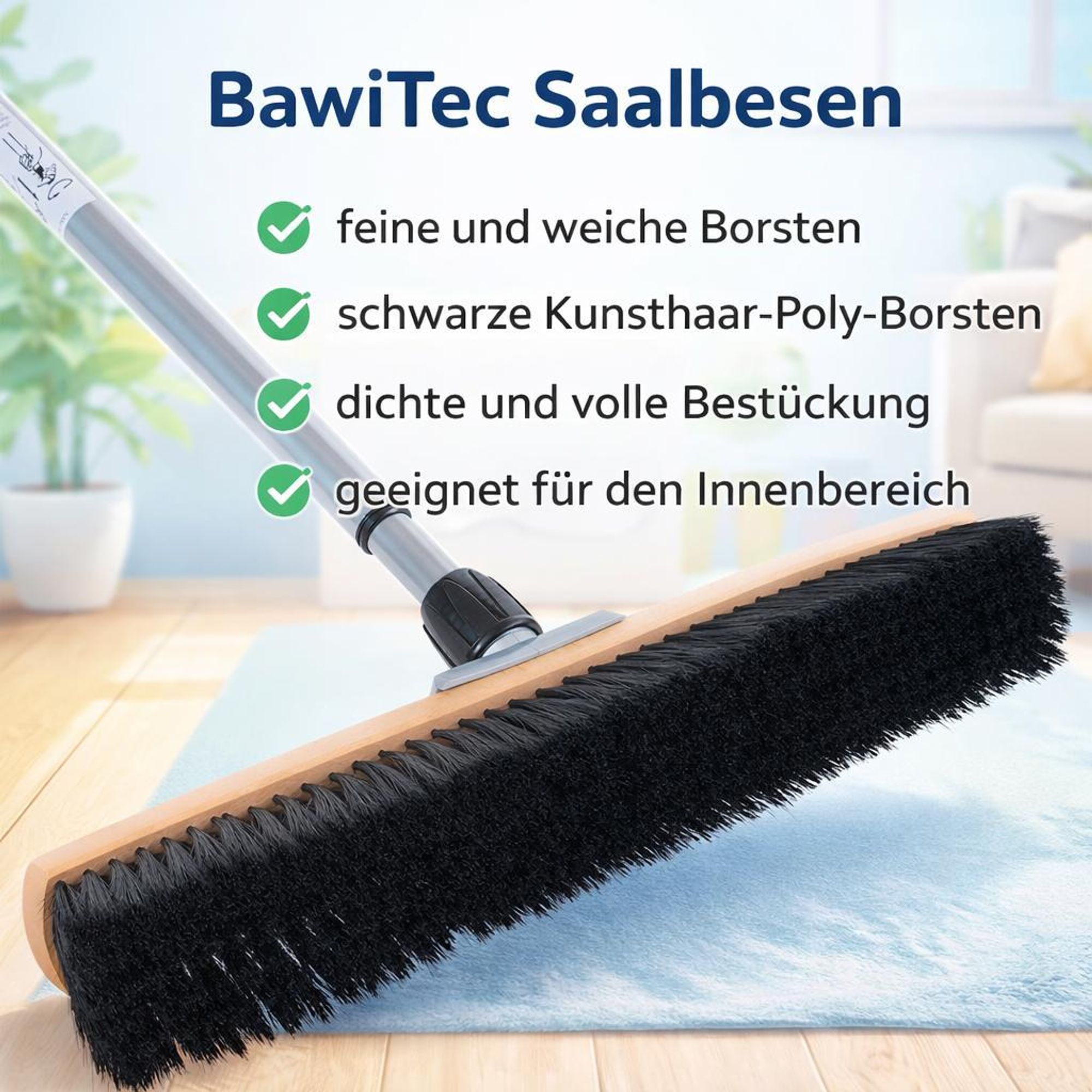 Hochwertiger Saalbesen 60cm Breit schwarze weiche Kunsthaar Borsten mit Teleskopstiel verstellbar ausziehbar Besen mit Stiel für Innen