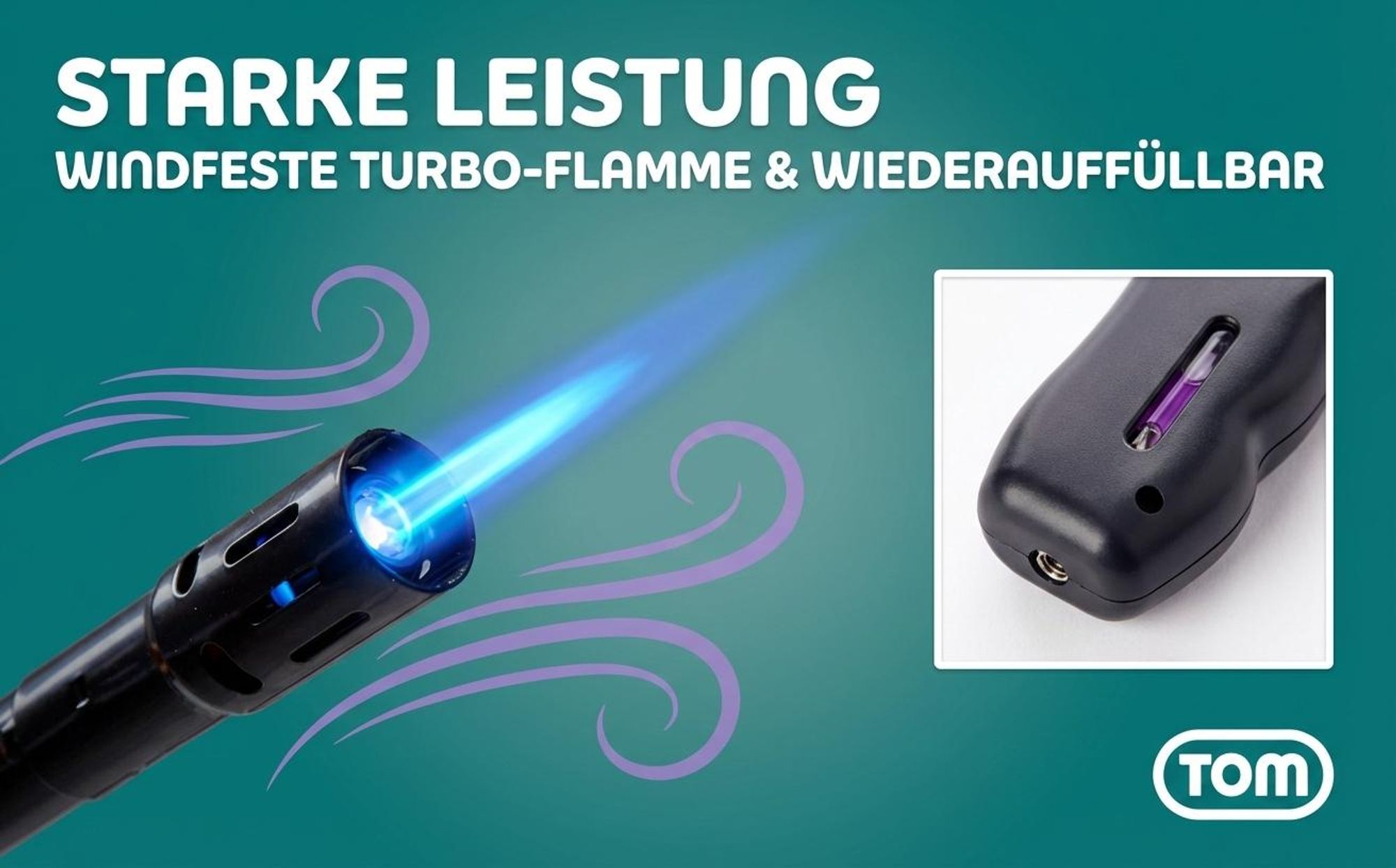 TOM Stabfeuerzeug | Sturmfeuerzeug | Jet-Flamme | 4er Set | Nachfüllbar | 28,3cm Stab