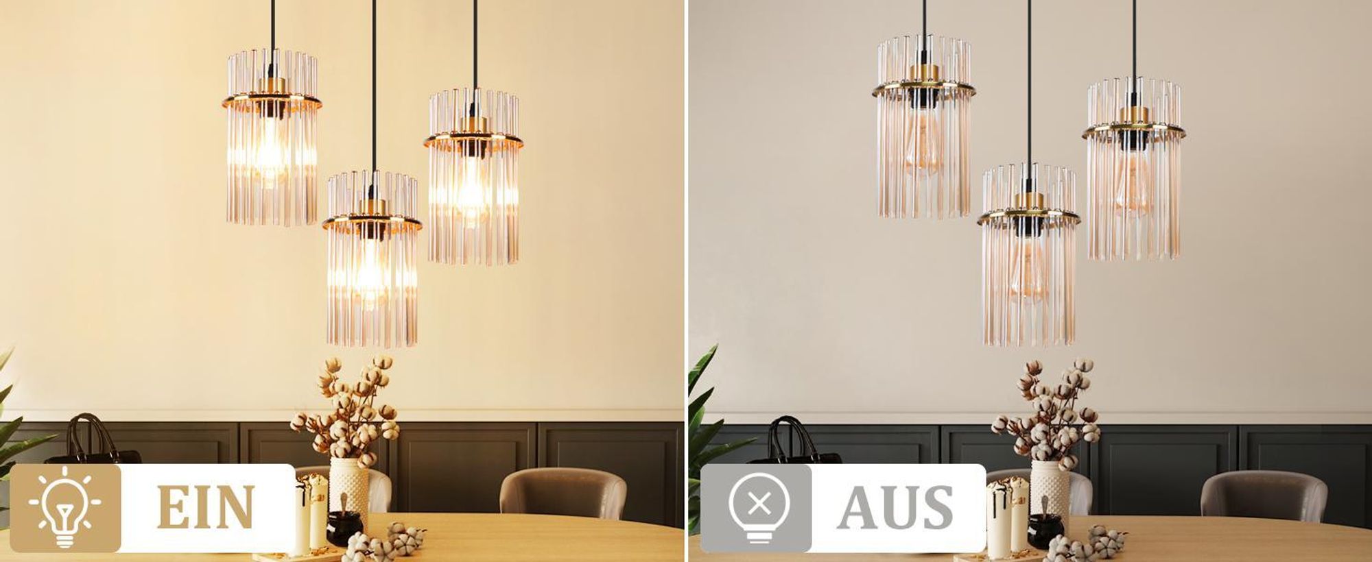 ZMH Pendelleuchte 3 Flammig Hängelampe Esstisch - Hängeleuchte Rund Gold E27 Pendellampe aus Glasschirm Ø 16 für Esszimmer Küche Wohnzimmer Cafe Bar (ohne Leuchtmittel)