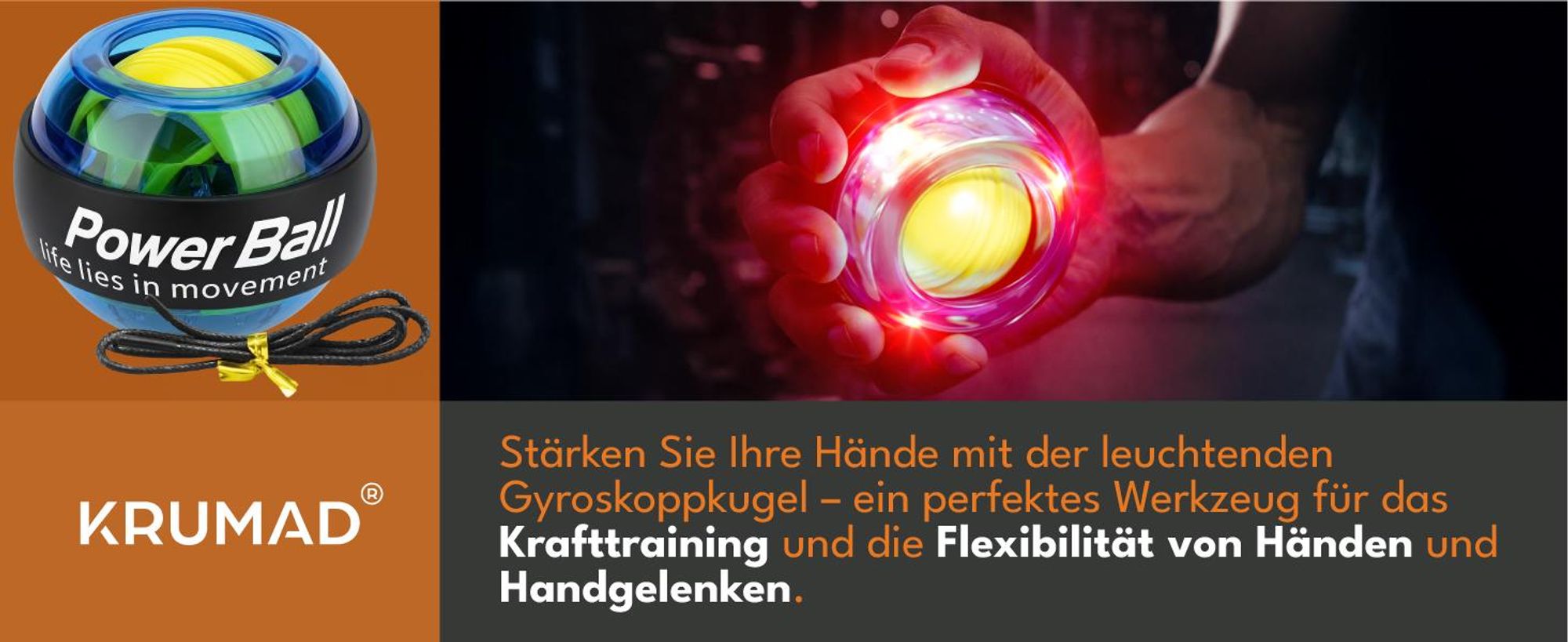 KRUMAD Powerball Handtrainer 8000 U/min cu LED, Gyro Ball pentru Handgelenk & Unterarm, Antrenament Griffkraft, Coordonare și Reabilitare
