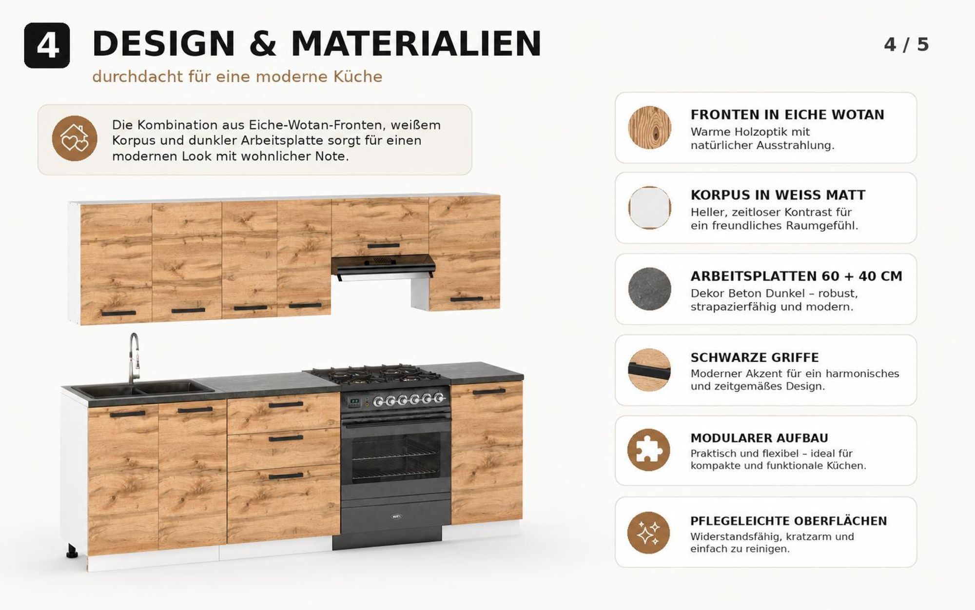 Materialdetails mit Eiche-Wotan-Fronten, weißem Korpus, dunkler Arbeitsplatte und Griffen.