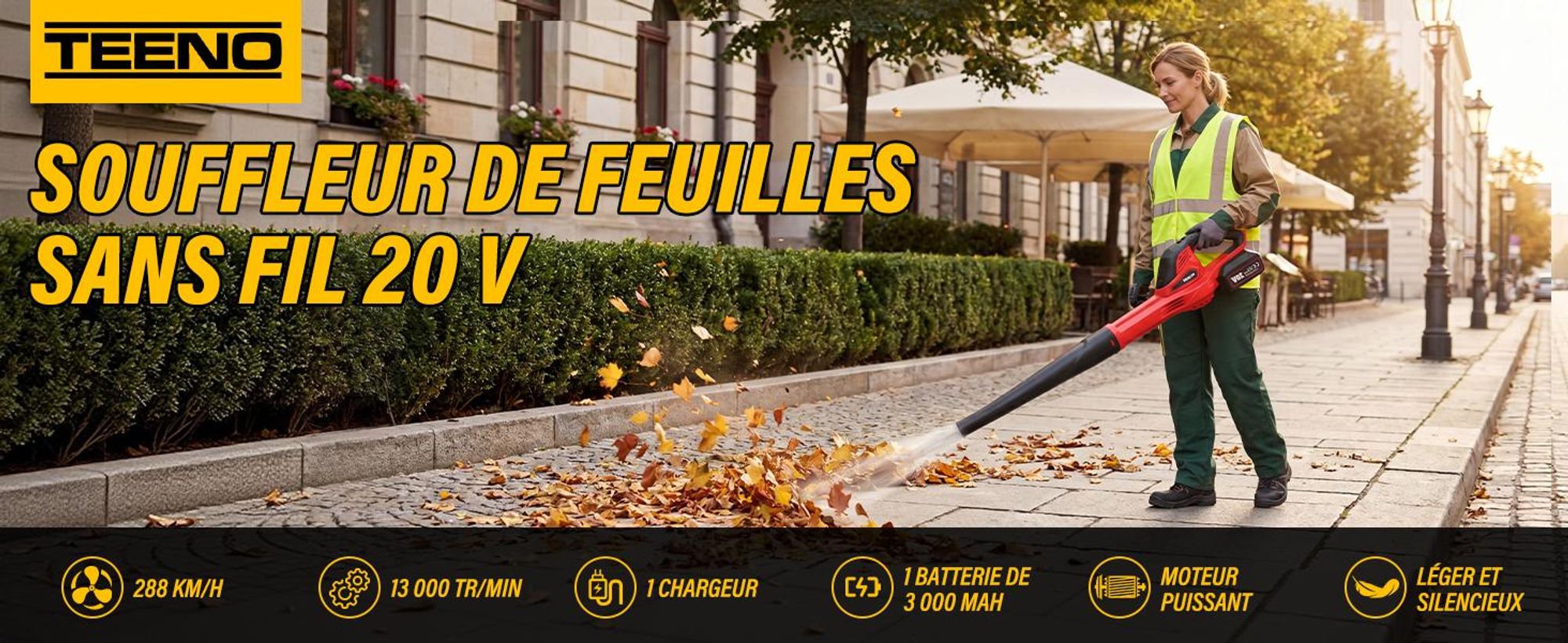 TEENO Souffleur de Feuilles sans Fil 20V - 80 m/s (288 km/h) Haute Vitesse, Batterie 3.0Ah Incluse, Léger 2.45 kg, Poignée Antidérapante pour Jardin