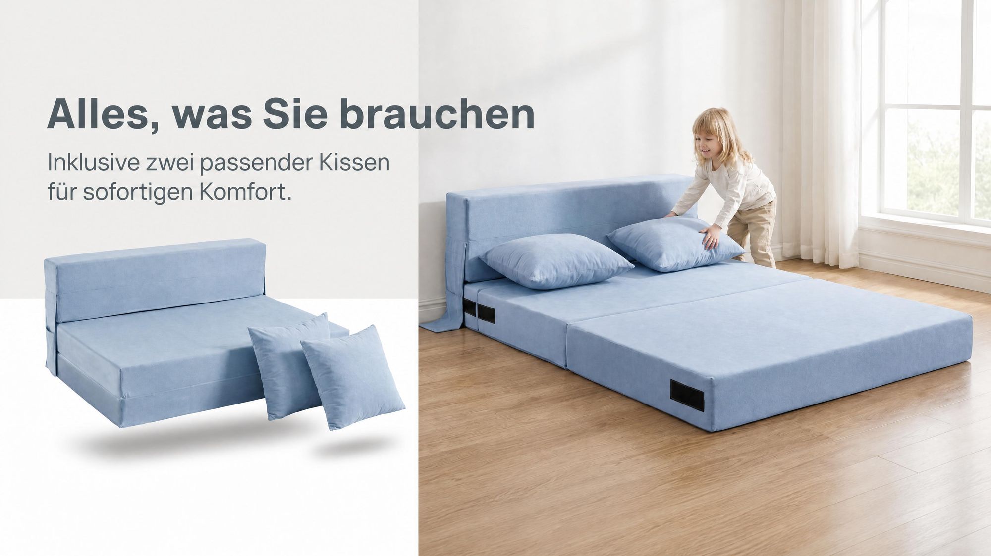 Bodensofa mit schlaffunktion, Klappbar Schlafsofas, 3-in-1, mit 2 Kissen, Seitentaschen, ohne Montage, 140x200 cm, für zwei, waschbarer Bezug, Blau