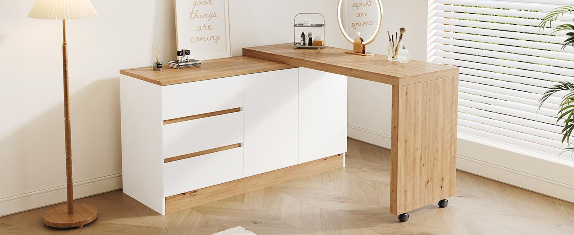 STILVORA Schreibtisch mit Rollen und drehbarer Tischplatte,Eckschreibtisch mit faltbarem Design,Sideboard mit feststellbarer Funktion und 4cm Tischplatte