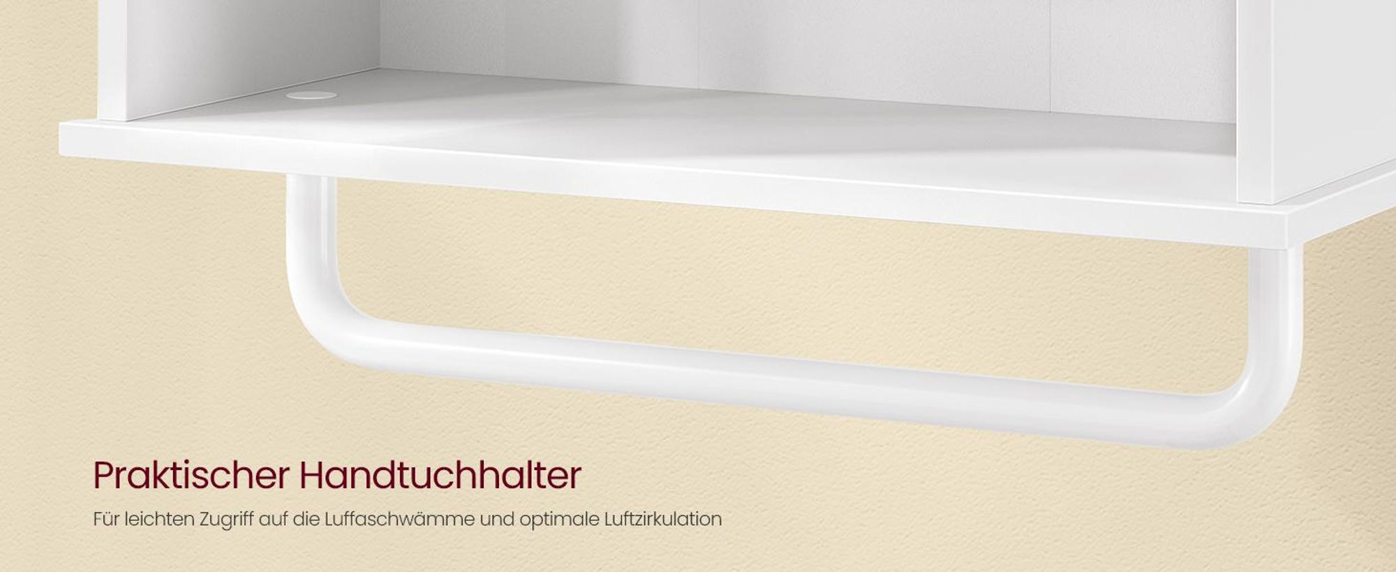 VASAGLE Wandschrank mit Türen, Handtuchhalter und offenem Fach, Hängeschrank für Bad, verstellbare Ablage, Landhausstil, weiß