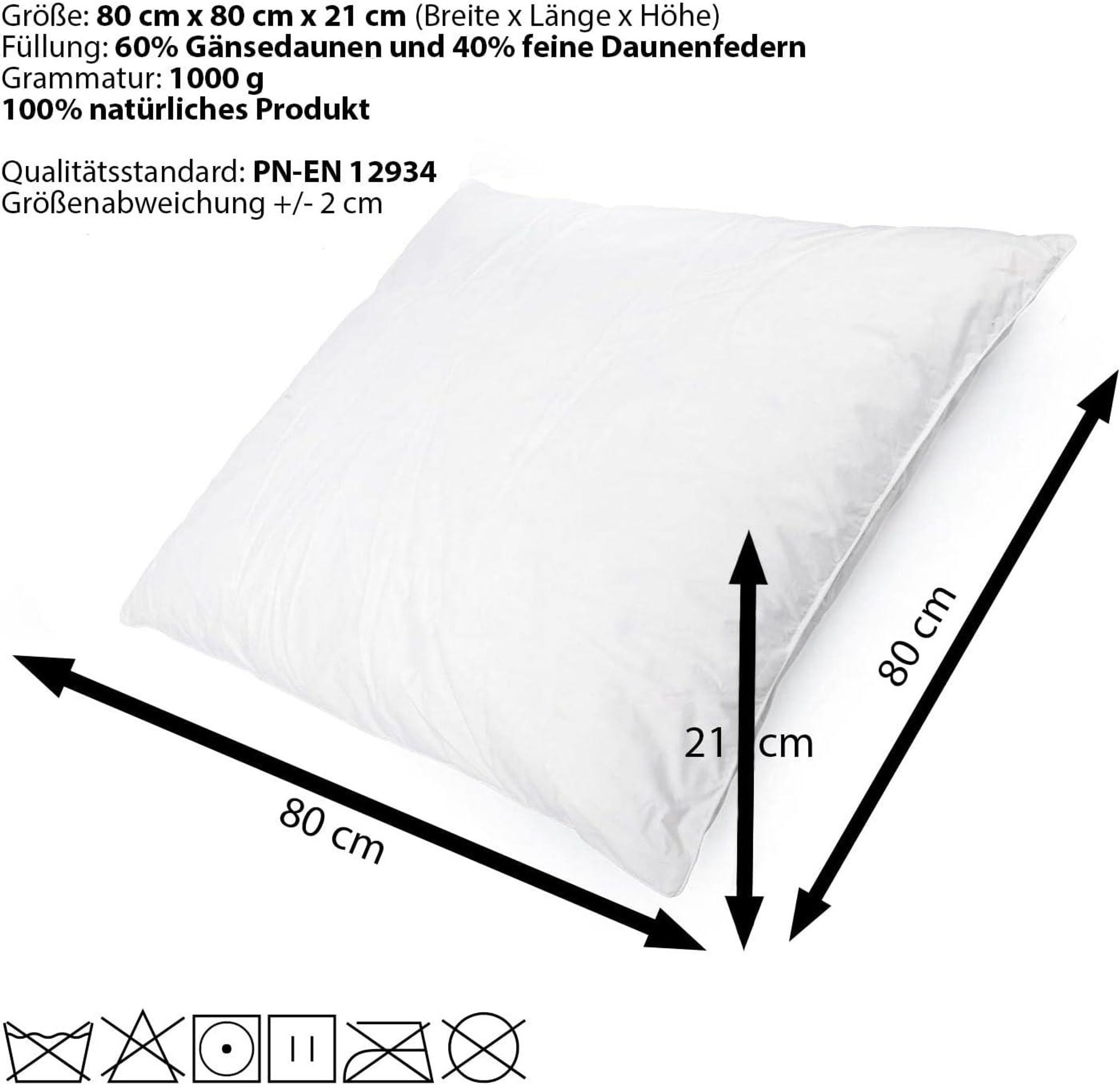 4-er Set | Kopfkissen 80x80 cm | Füllung: 1000 Gramm Daunen | 100% Natur Kissen | Bezug: 100% Baumwolle | Daunenkissen 80 x 80 cm