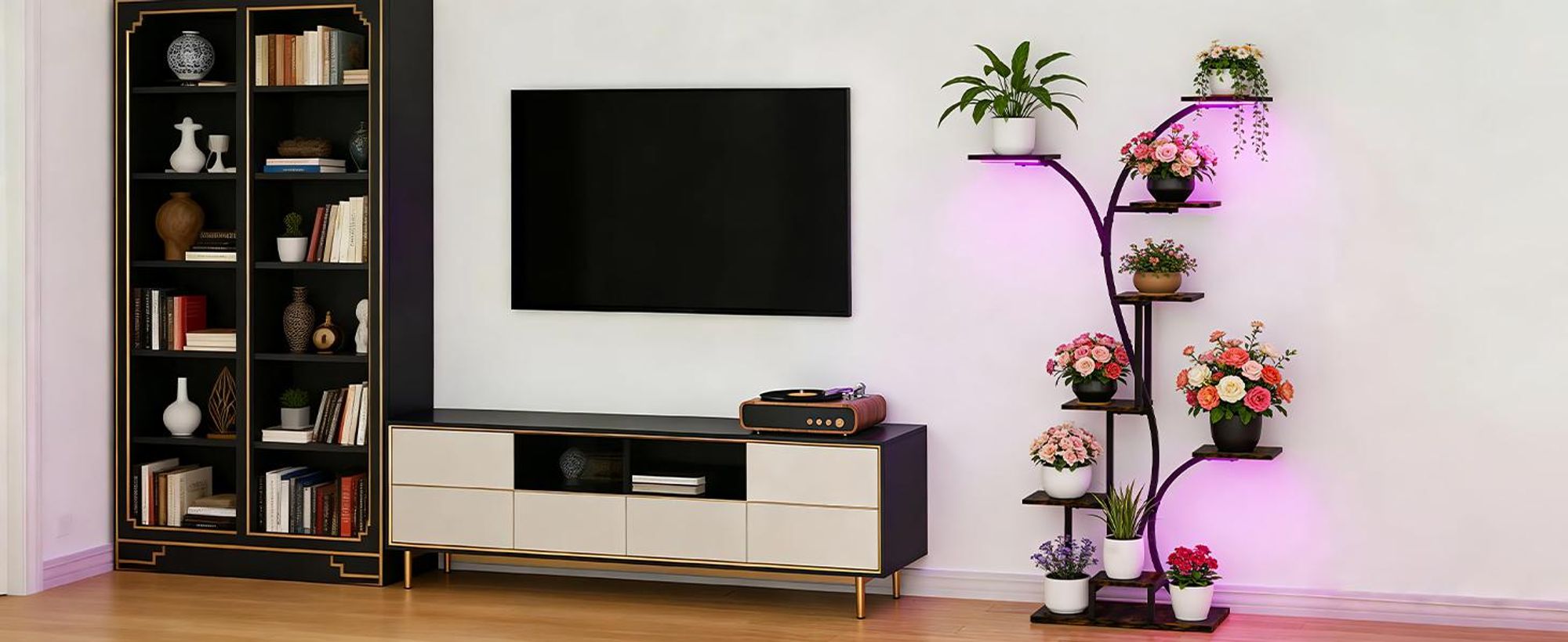 FATIVO Regał na kwiaty 8 poziomów 165 cm z lampą do roślin, metal i drewno, na 8 doniczek