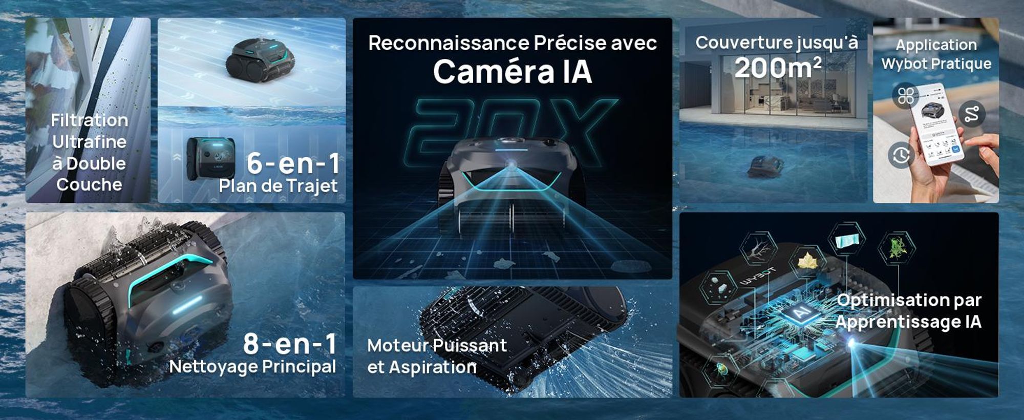 Robot de piscine sans fil WYBOT C2 Vision - Smart Vision Nav, autonomie de 180 minutes,via application, IPX8