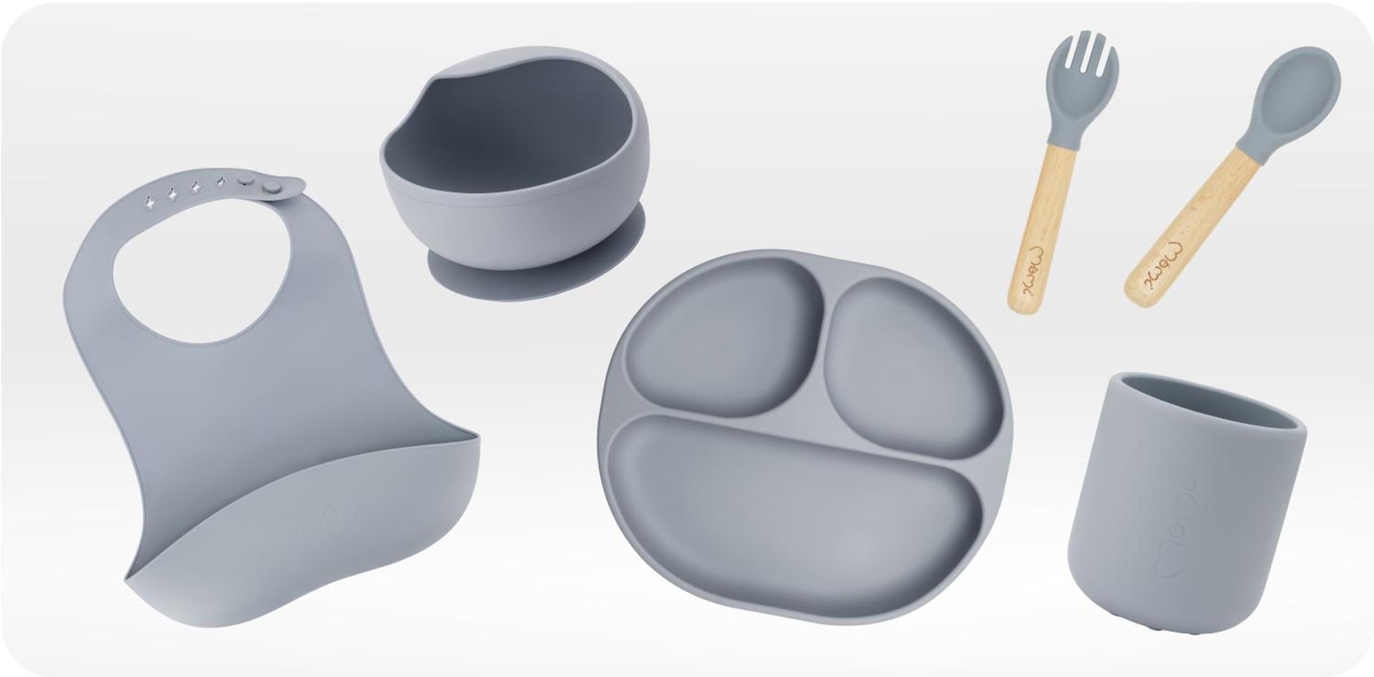 MoMi AMI – 6-teiliges Baby-Geschirrset aus Silikon, BPA- & , mit Buchenholz & Lätzchen, ab 6 Monaten – Grau