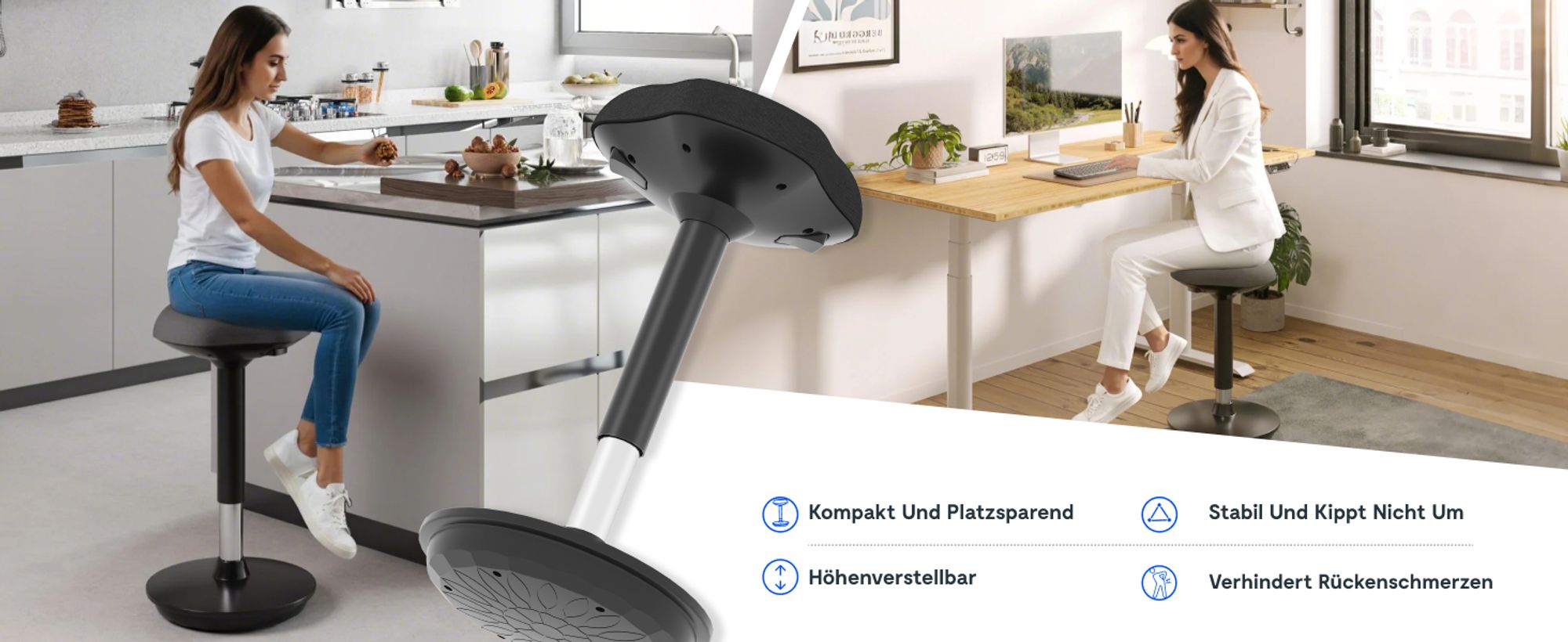 FLEXISPOT Ergonomischer Arbeitshocker – Höhenverstellbare Stehhilfe, 360° drehbar, Bürohocker – Schreibtischhocker – Sitz-Steh-Hocker (Schwarz)