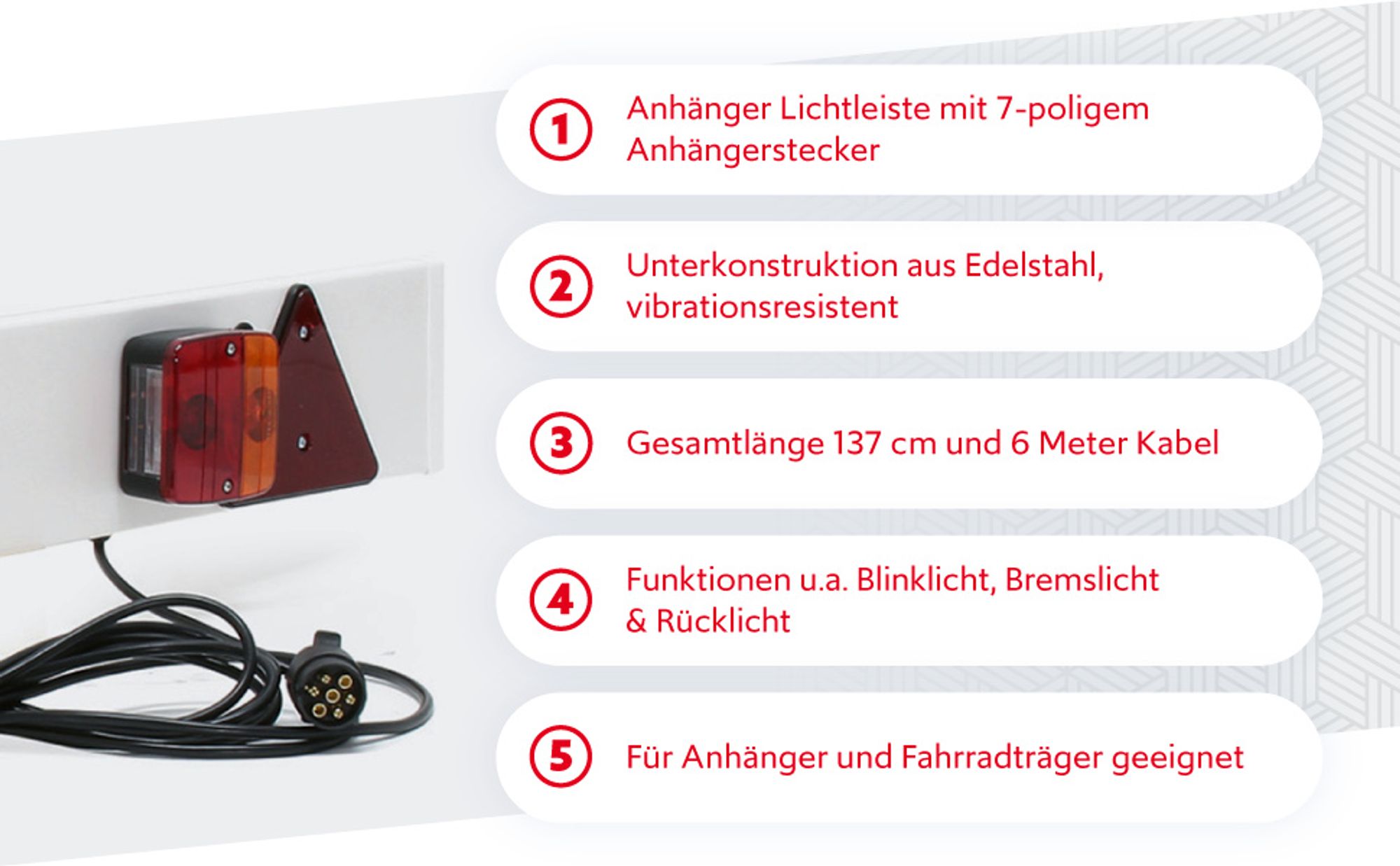 Wiltec Anhänger Lichtleiste 7-polig 12V 137 cm, Anhängerbeleuchtung für PKW und Fahrradträger, Adapter für Anhänger
