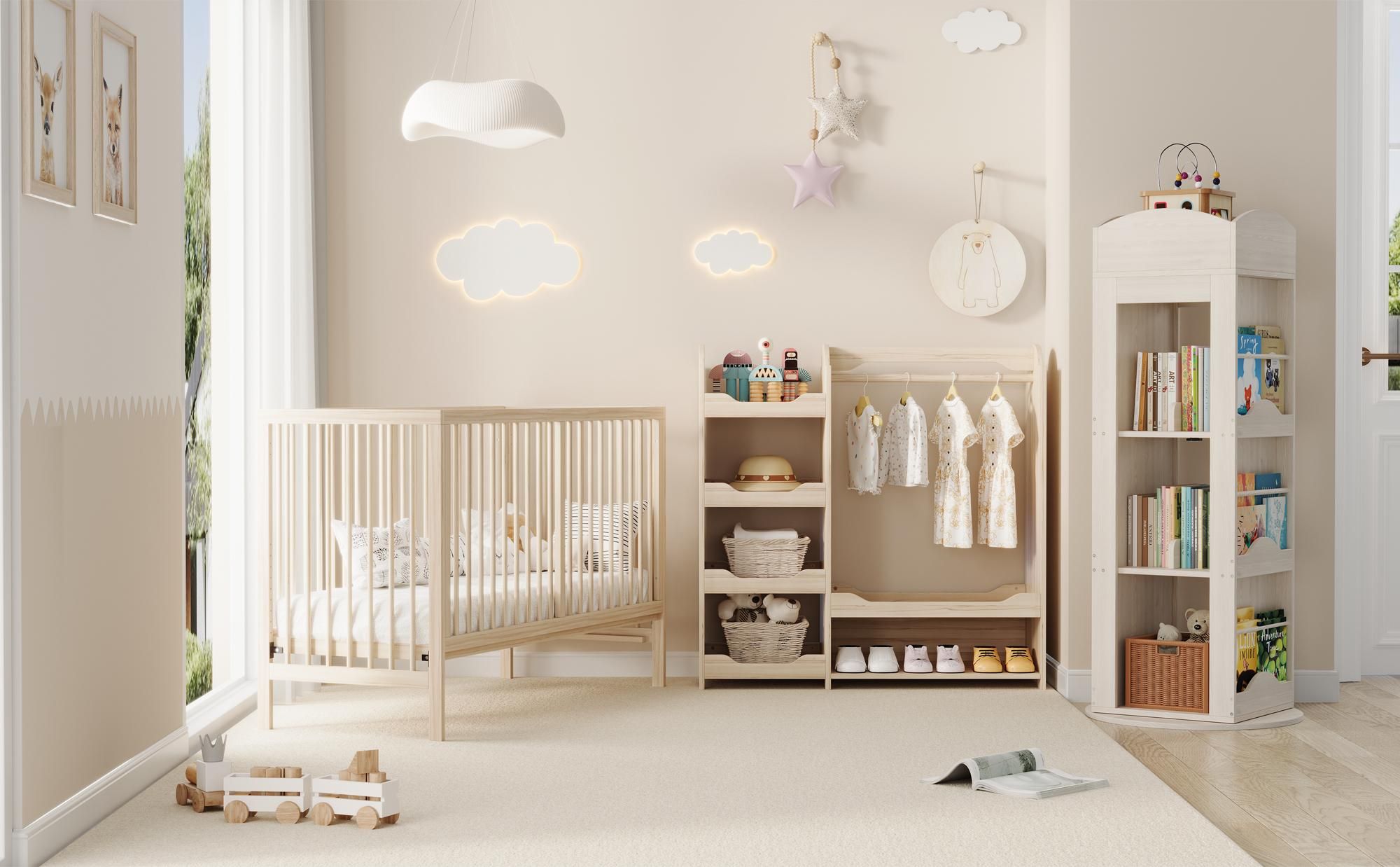 Merax Kindergarderobe Holz mit Kleiderstange, 6 Ablagen, Kinderregal, Kleiderschrank, Standgarderobe, Kinderzimmer Möbel, 110×39×110 cm, Natur