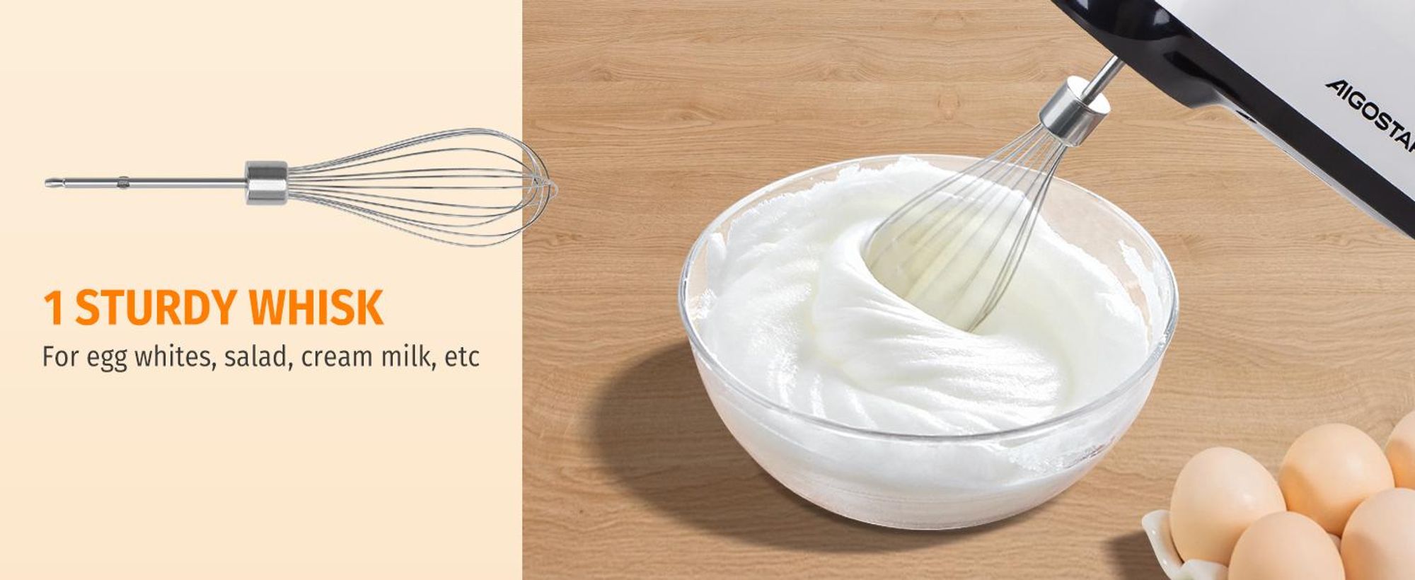 Aigostar Pudding- Handrührgerät, 6 Geschwindigkeiten Handmixer, 400W Ultra Power, Turbolader. Ausgestattet mit 2 Schneebesen, 2 Knethaken, Schneebesen und Aufbewahrungsbox, Zubehör spülmaschinenfest.