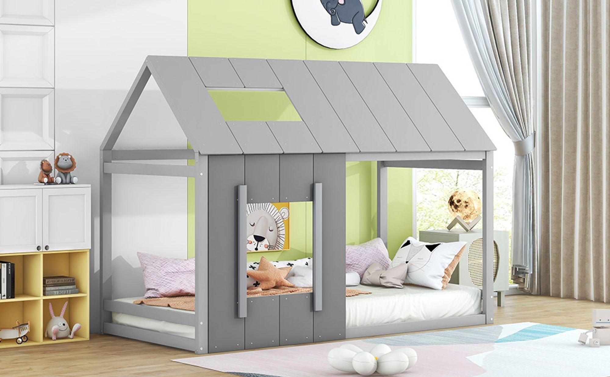 okwish 90 x 200 Kinderbett, Hausform-Kinderbett, Einfamilienhaus-Flachbett mit Dach und Fenster grau