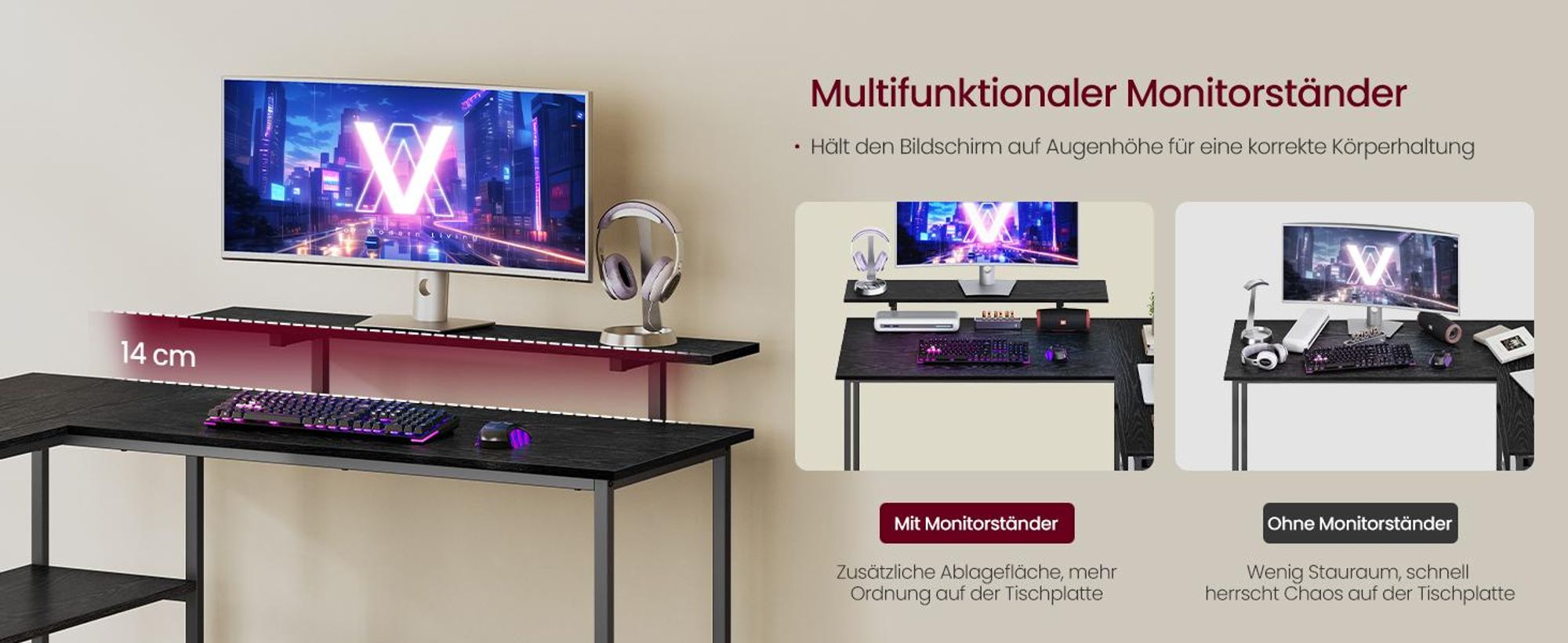 VASAGLE  L-förmige Schreibtisch Eckschreibtisch  Computertisch mit Schubladen 135cm schwarz