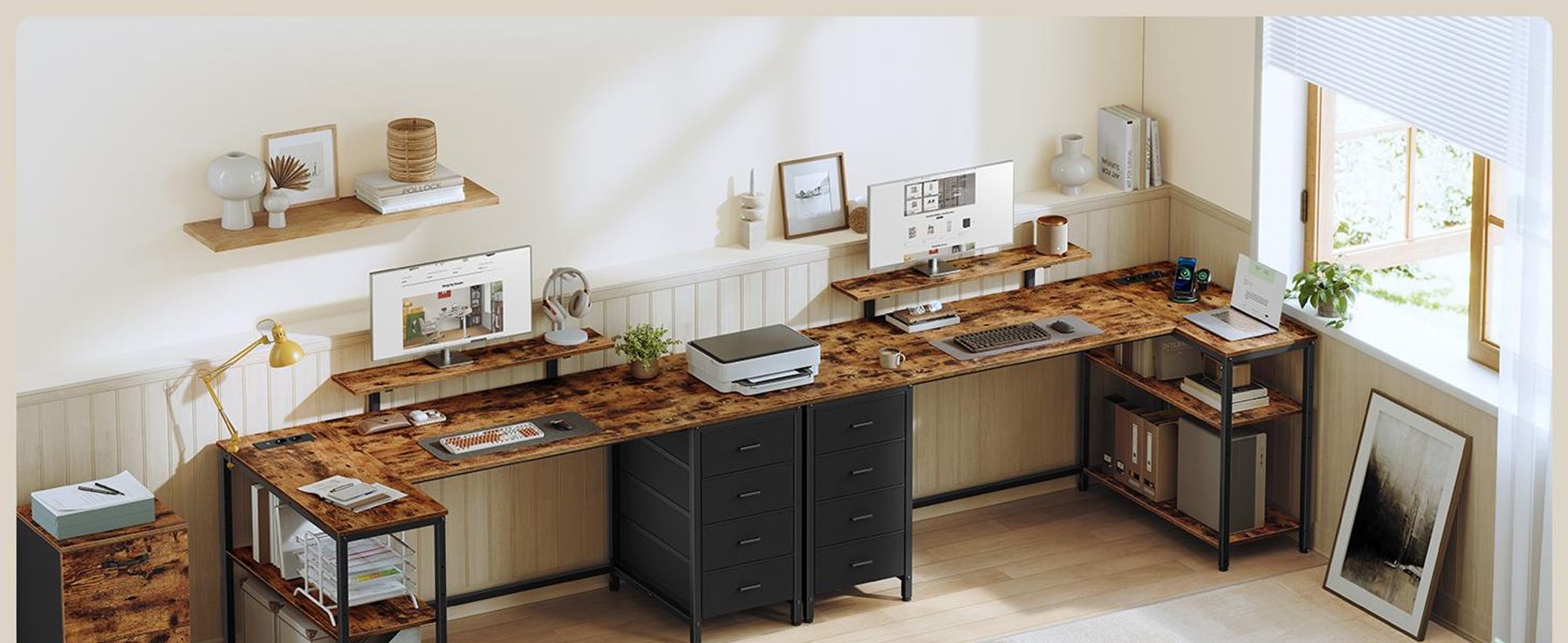 VASAGLE L-förmiger Eckschreibtisch mit USB-Anschlüssen, Computertisch, 2 Ablagen, 4 Schubladen, 160 x 80 cm, braun