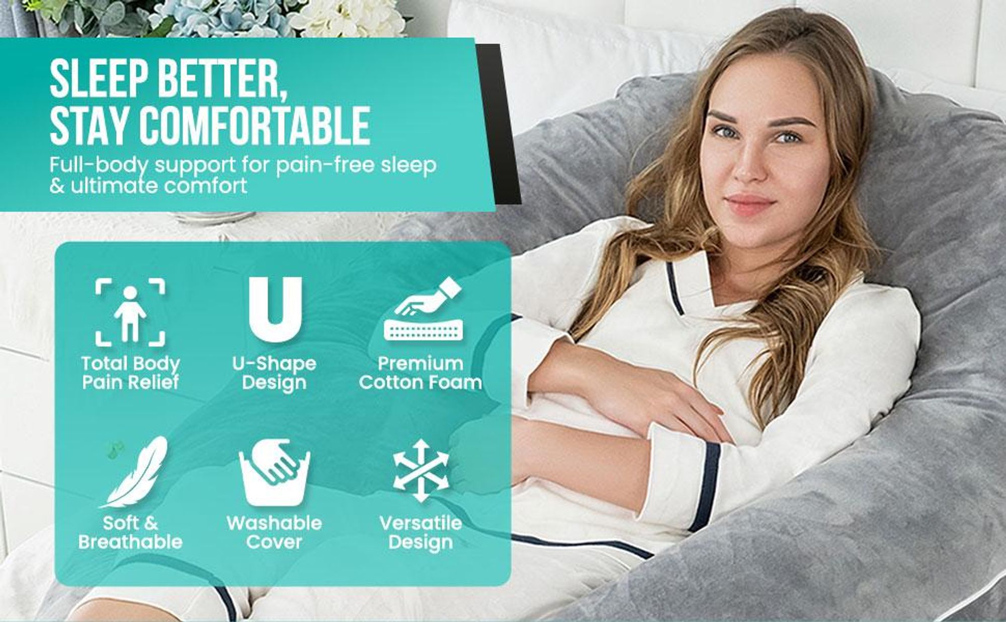 Strex Schwangerschaftskissen XXL - 280cm - Abnehmbarer Bezug - Seitenschläferkissen / Body Pillow / Körperkissen / Stillkissen