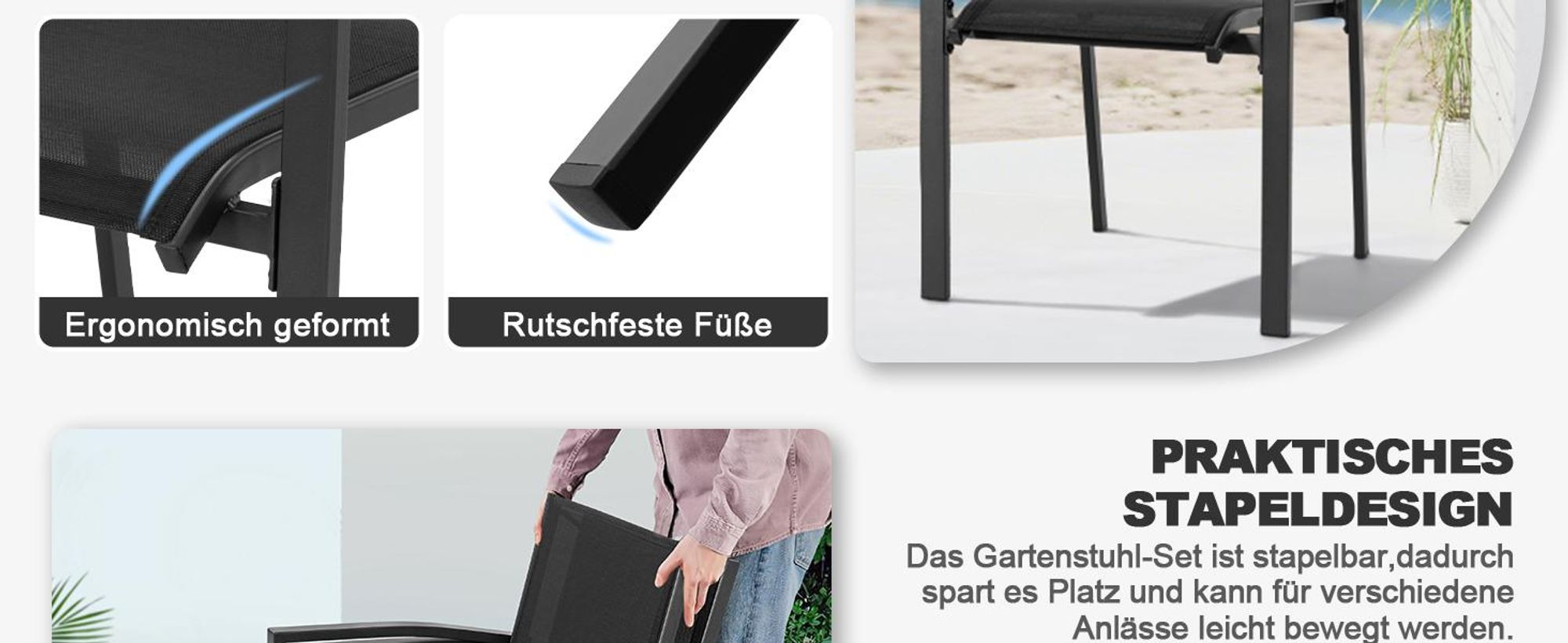 Avestar Gartenstühle 6er Set, stapelbar, Stapelstuhl, aus Textilene-Gewebe und Pulverbeschichtetem Eisenrahmen, Balkonstuhl, Schwarz