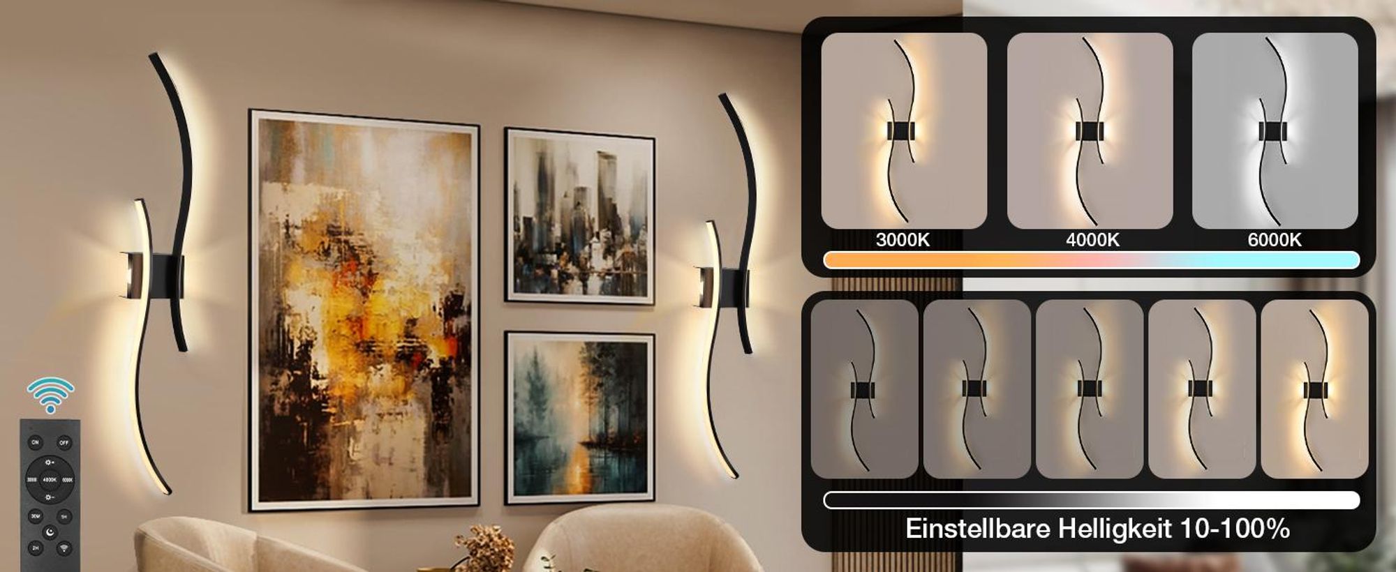 2 Stück LED Wandleuchte Innen Modern Dimmbar 3 Farbtemperaturen Wiederaufladbar Wandlampe mit Fernbedienung
