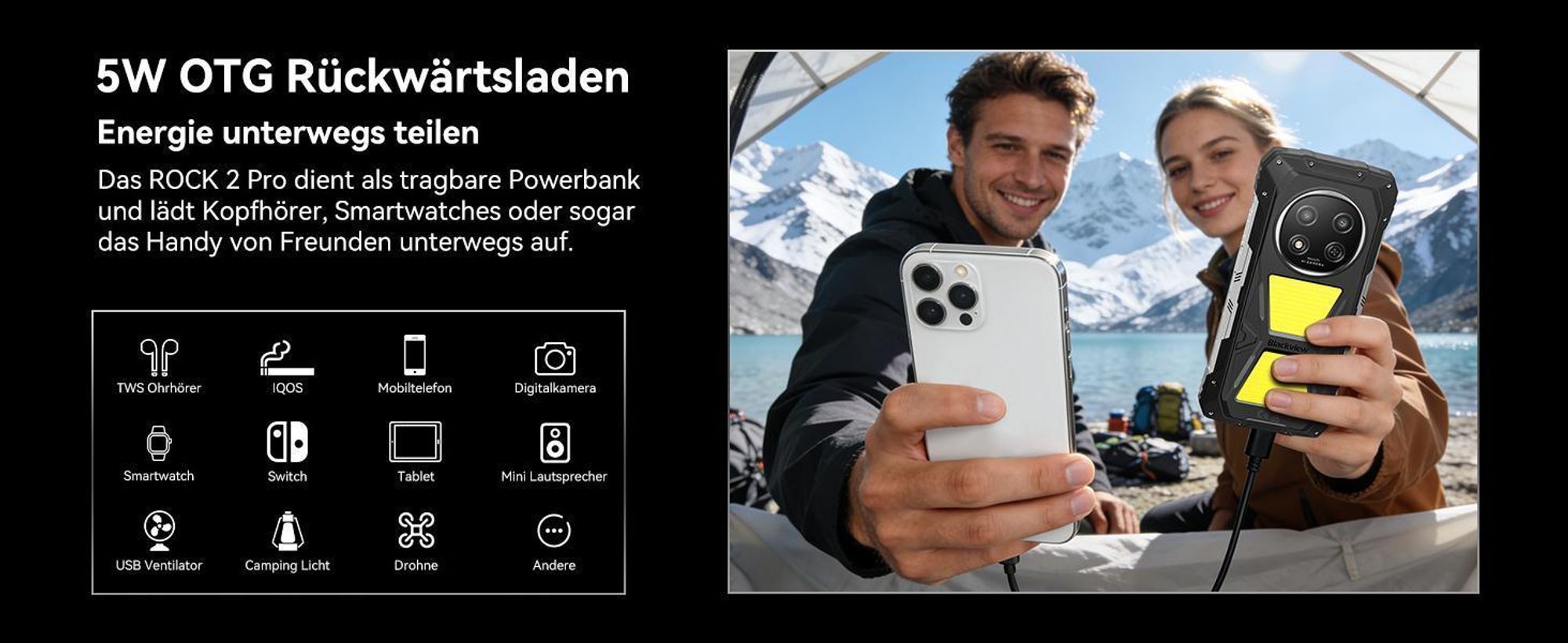 Blackview ROCK 2 Pro incl AURABASS 1,6,67" 5G Outdoor-Smartphone mit 15000 mAh Akku, IP69K/IP68 und 400 lm Campinglampe, Robust
