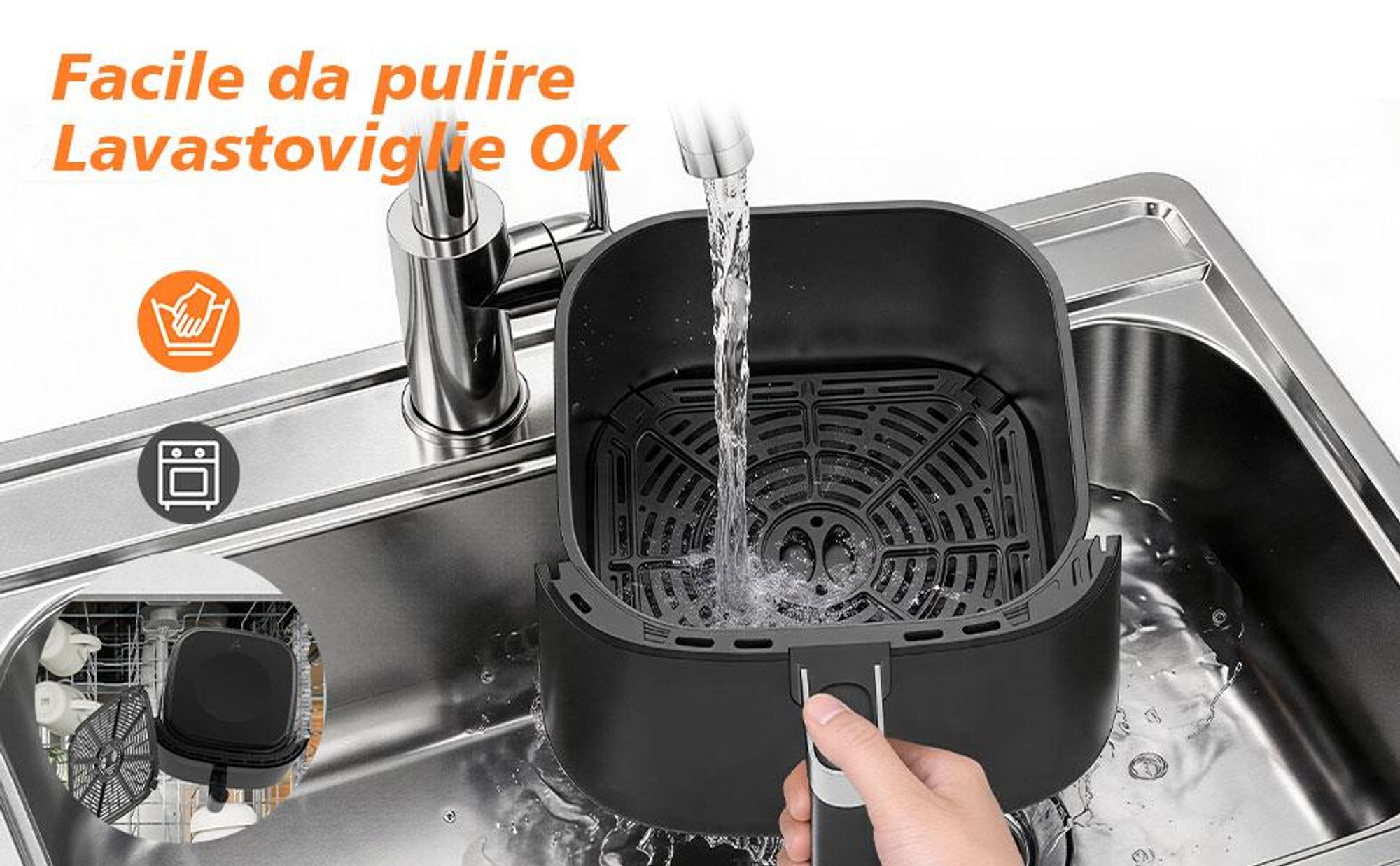 Friggitrice ad aria, 6 litri, 9 programmi di cottura, intervallo di temperatura 40–200 °C, funzione di mantenimento caldo, cestello antiaderente lavab